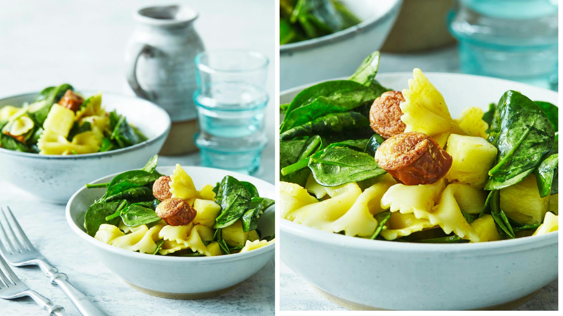 Pasta med spinat og kyllingepølser