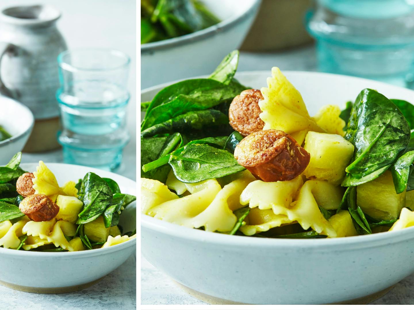 Pasta med spinat og kyllingepølser