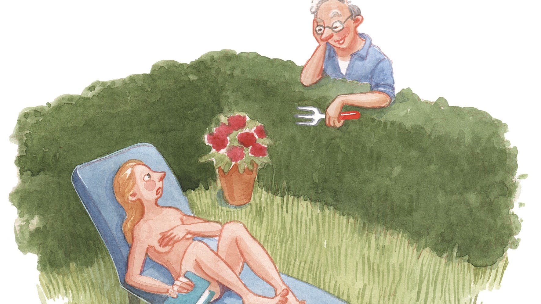 Kvinde der solbader, mens naboen kigger over hækken