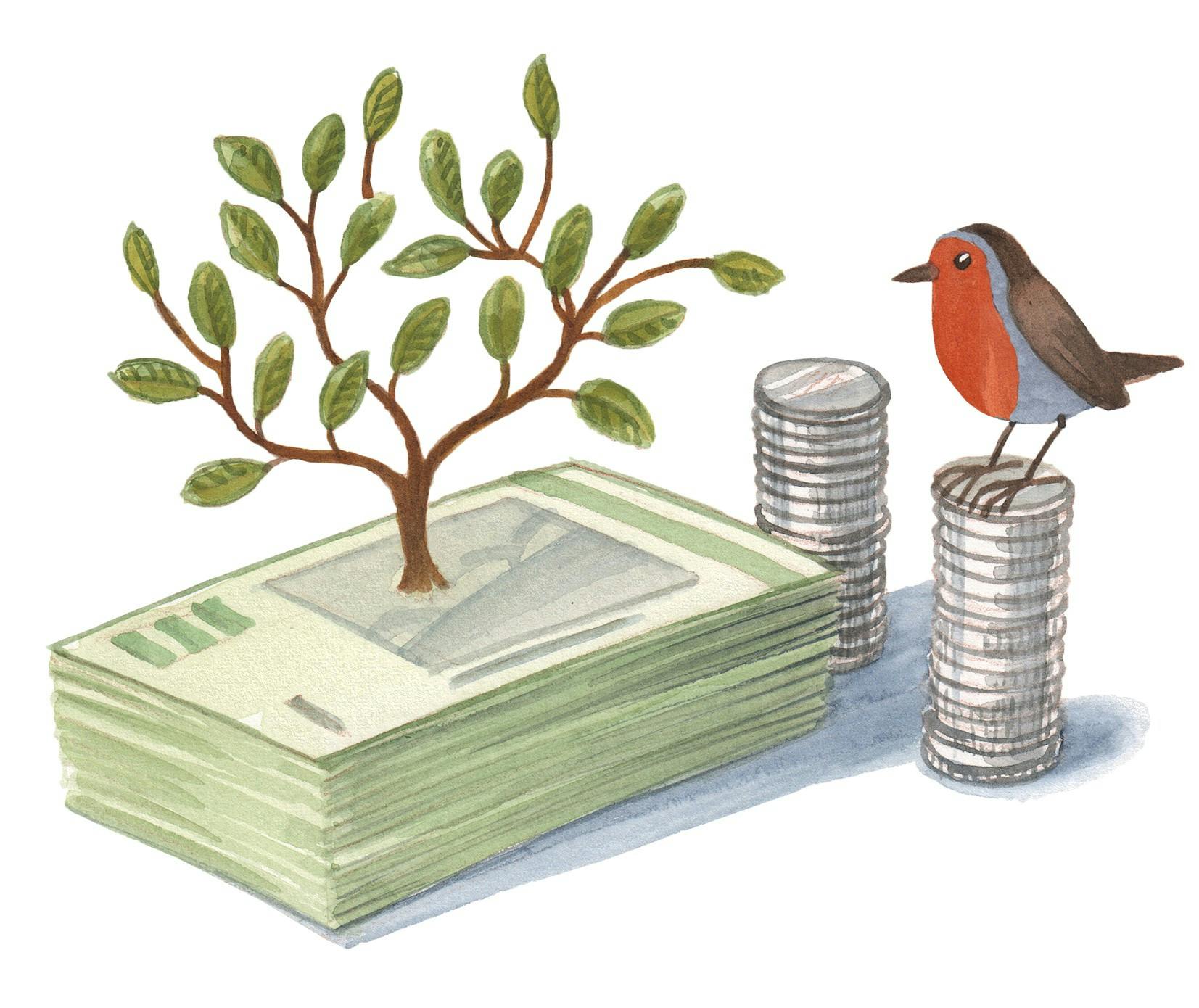En lille fugl, et træ og nogle penge