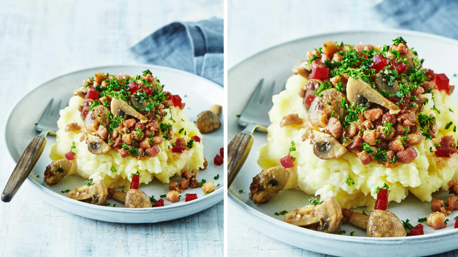 Brændende kærlighed med bacon-svampe-topping