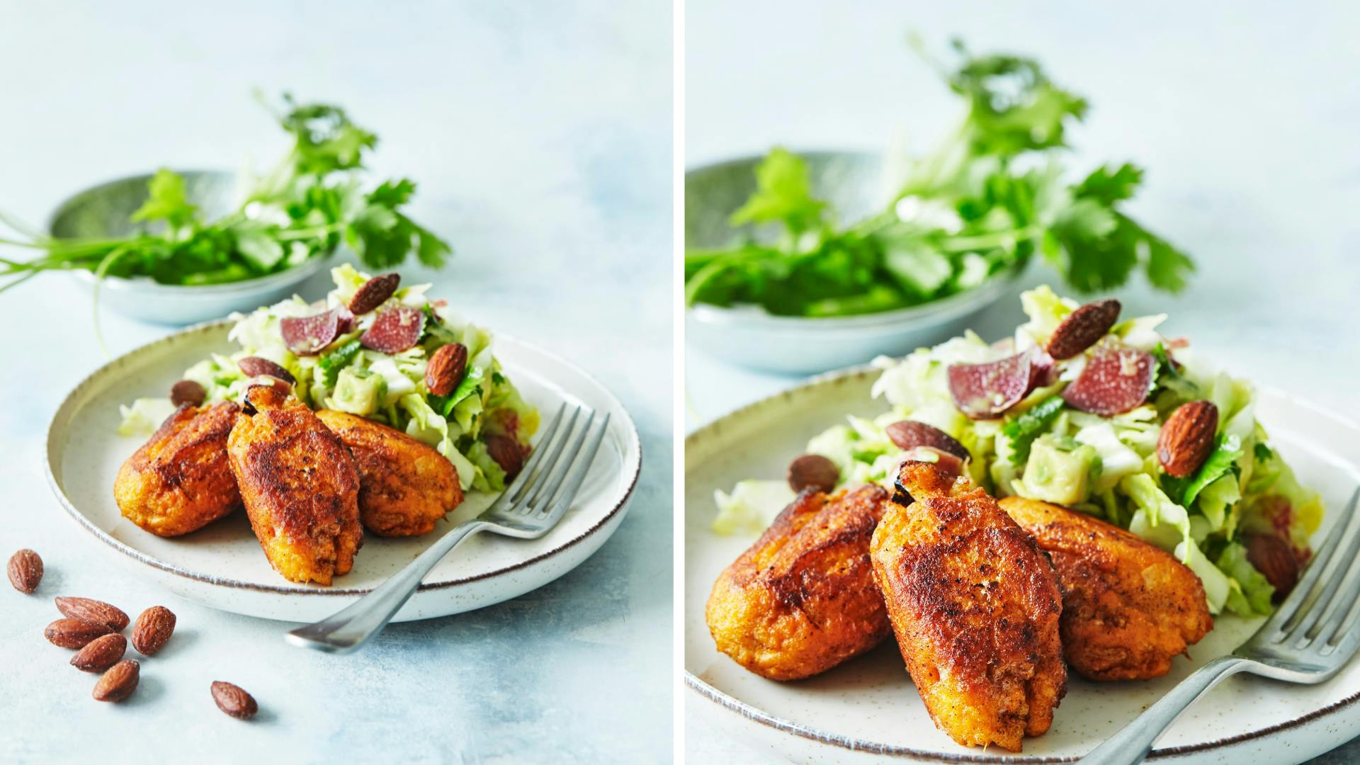 Søde kartoffeldeller og rabarber-spidskålssalat