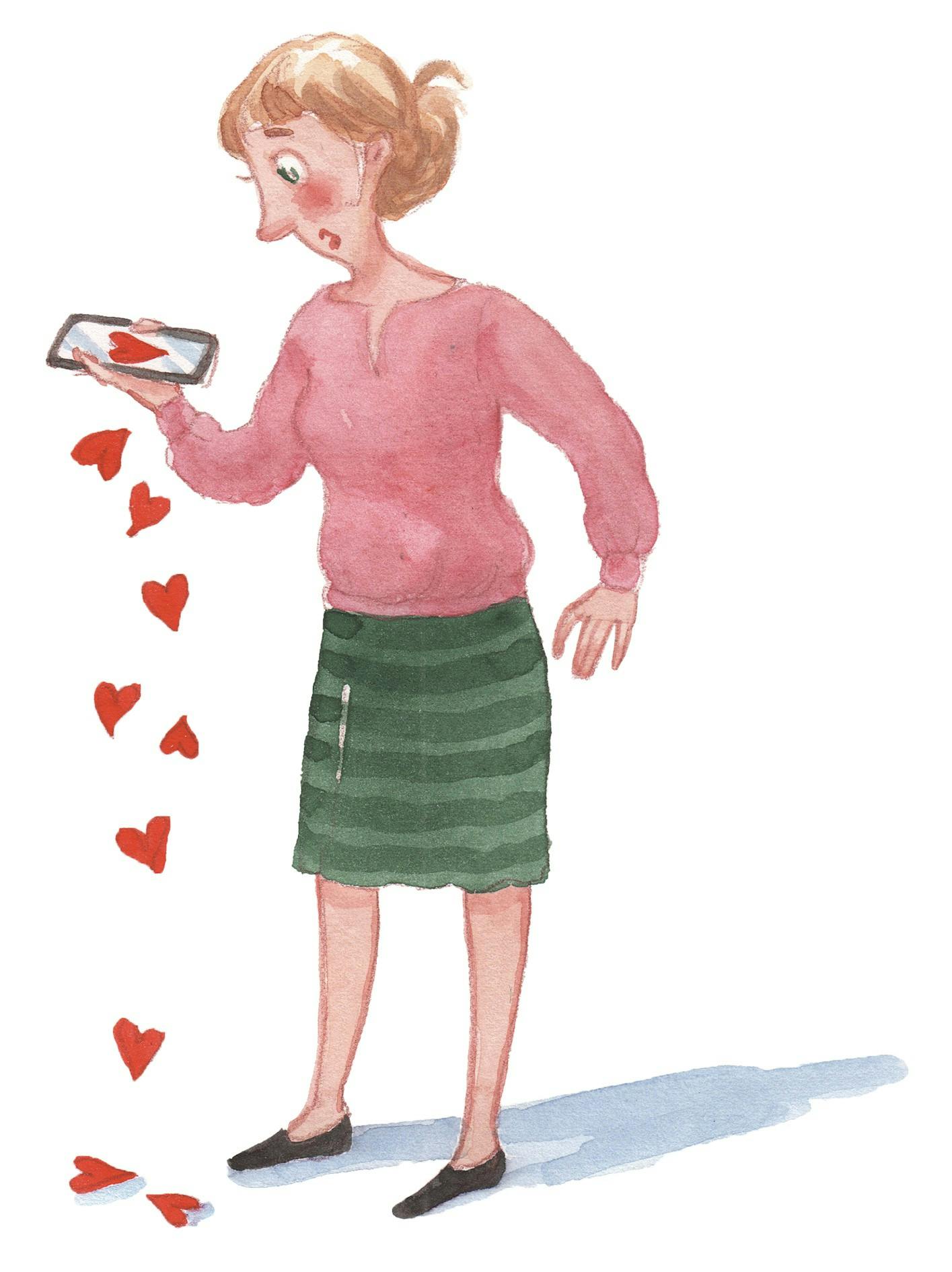 Kvinde står med en telefon i hånden, hvor der falder hjerter ud af telefonen