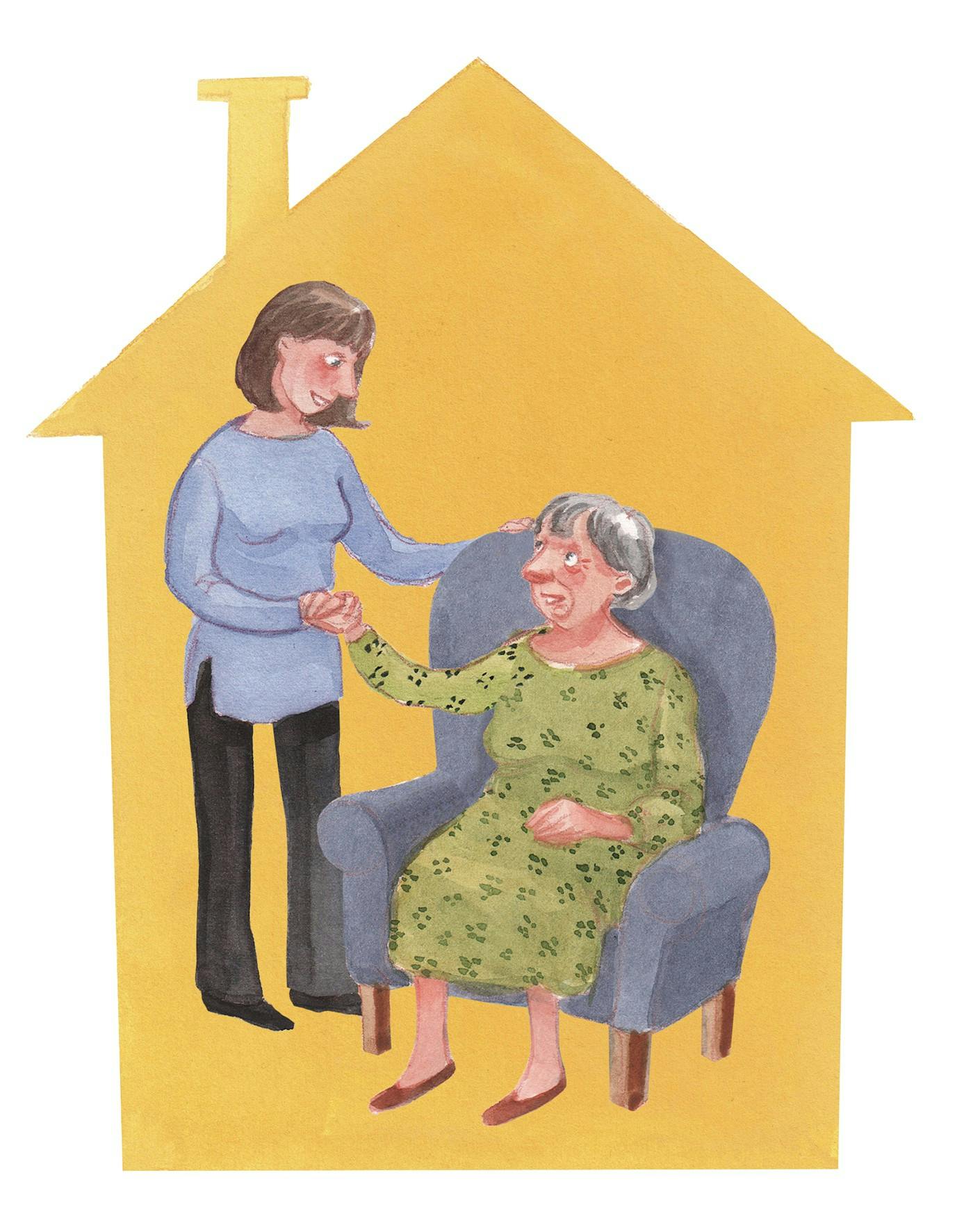 En kvinde, en ældre dame og et hus