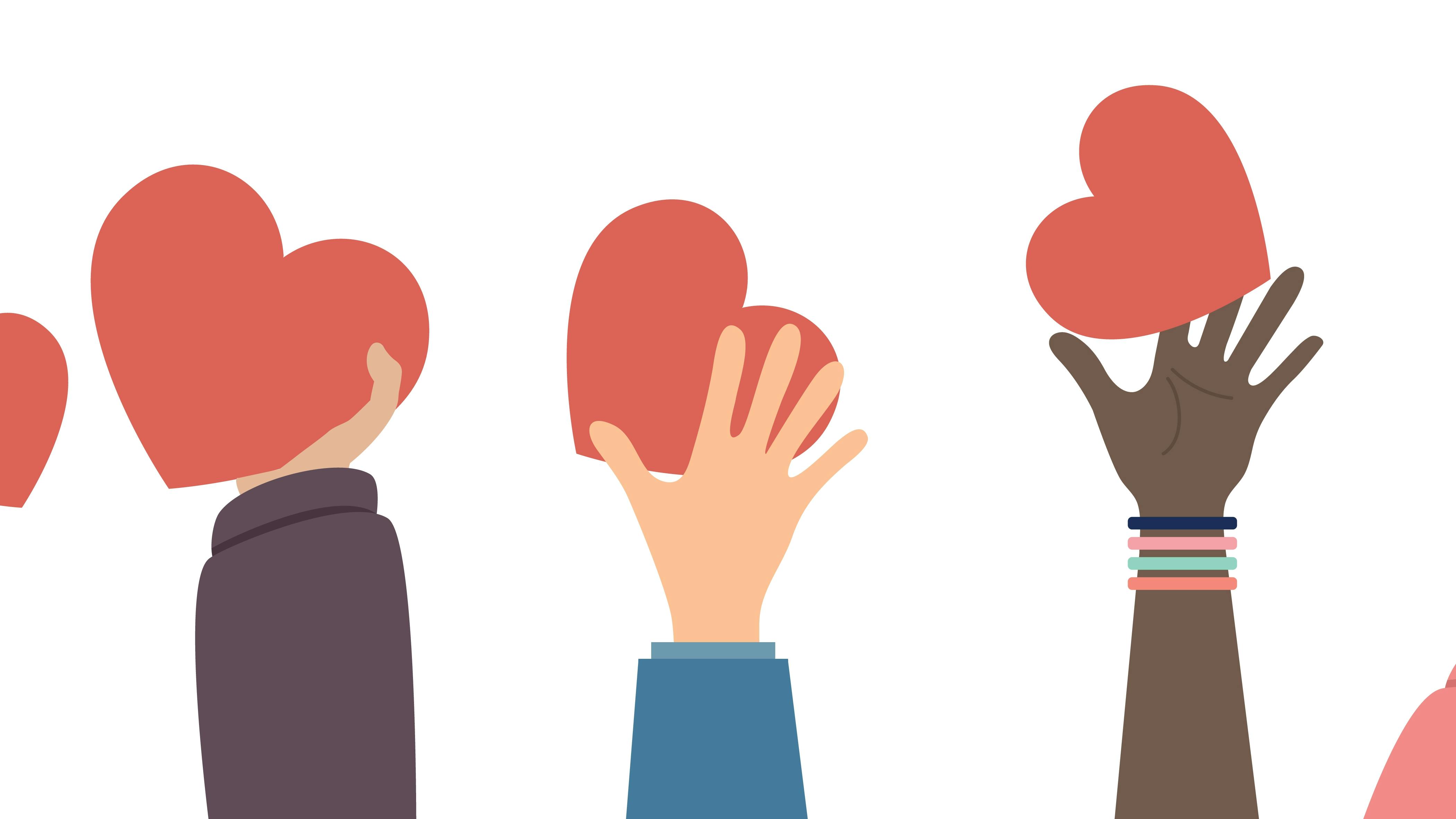 Forskellige hænder, der holder hvert sit hjerte