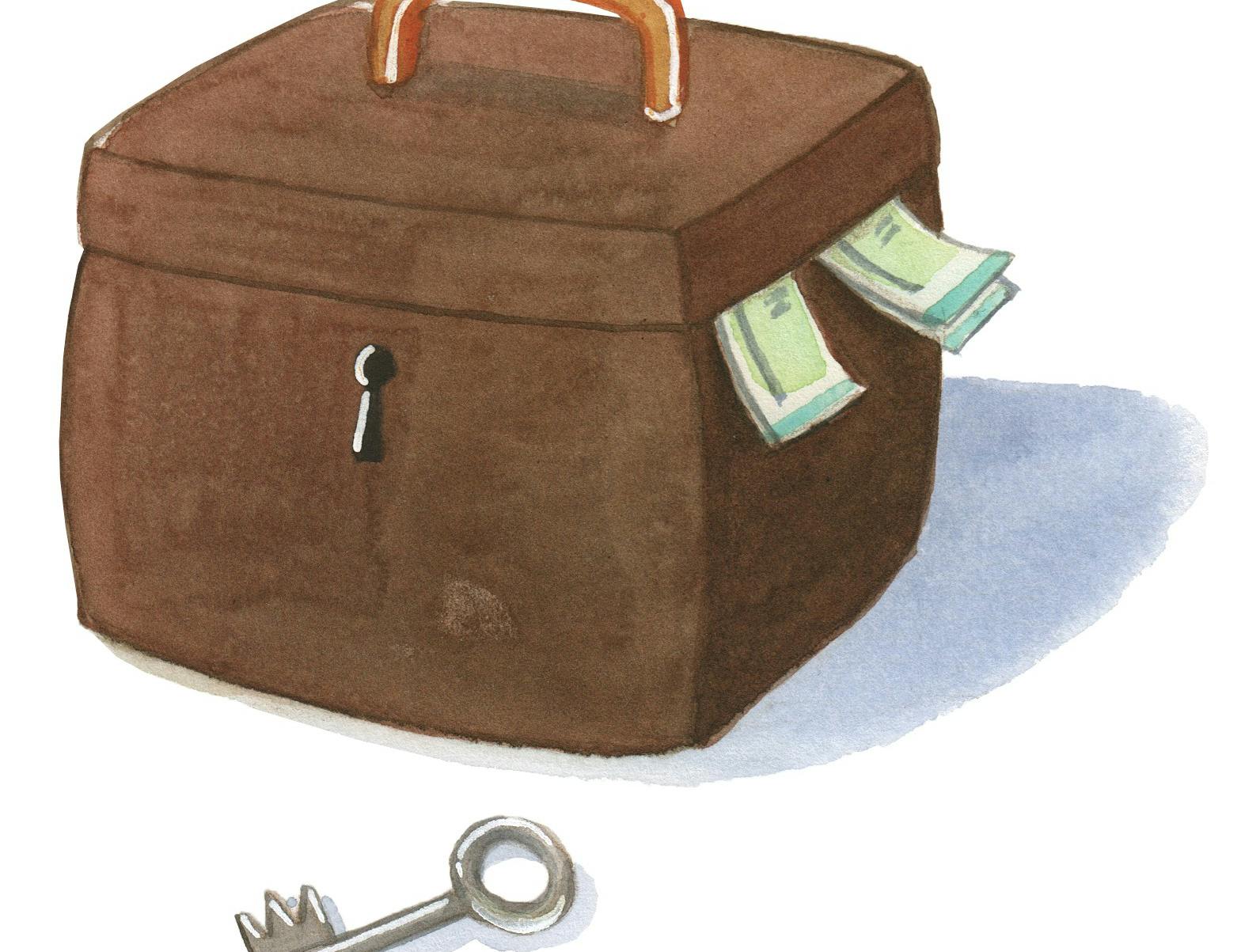 En kuffert med penge og en stor nøgle