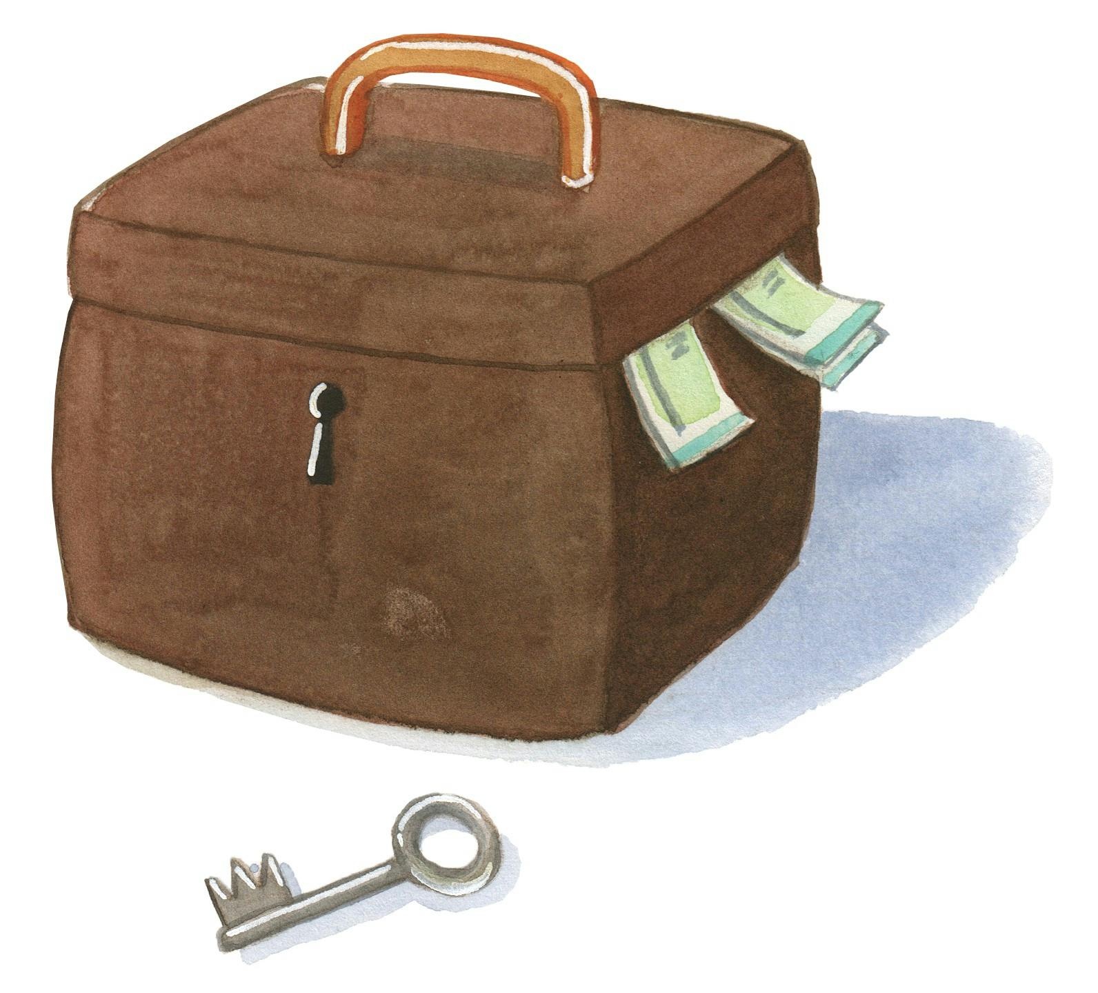 En kuffert med penge og en stor nøgle