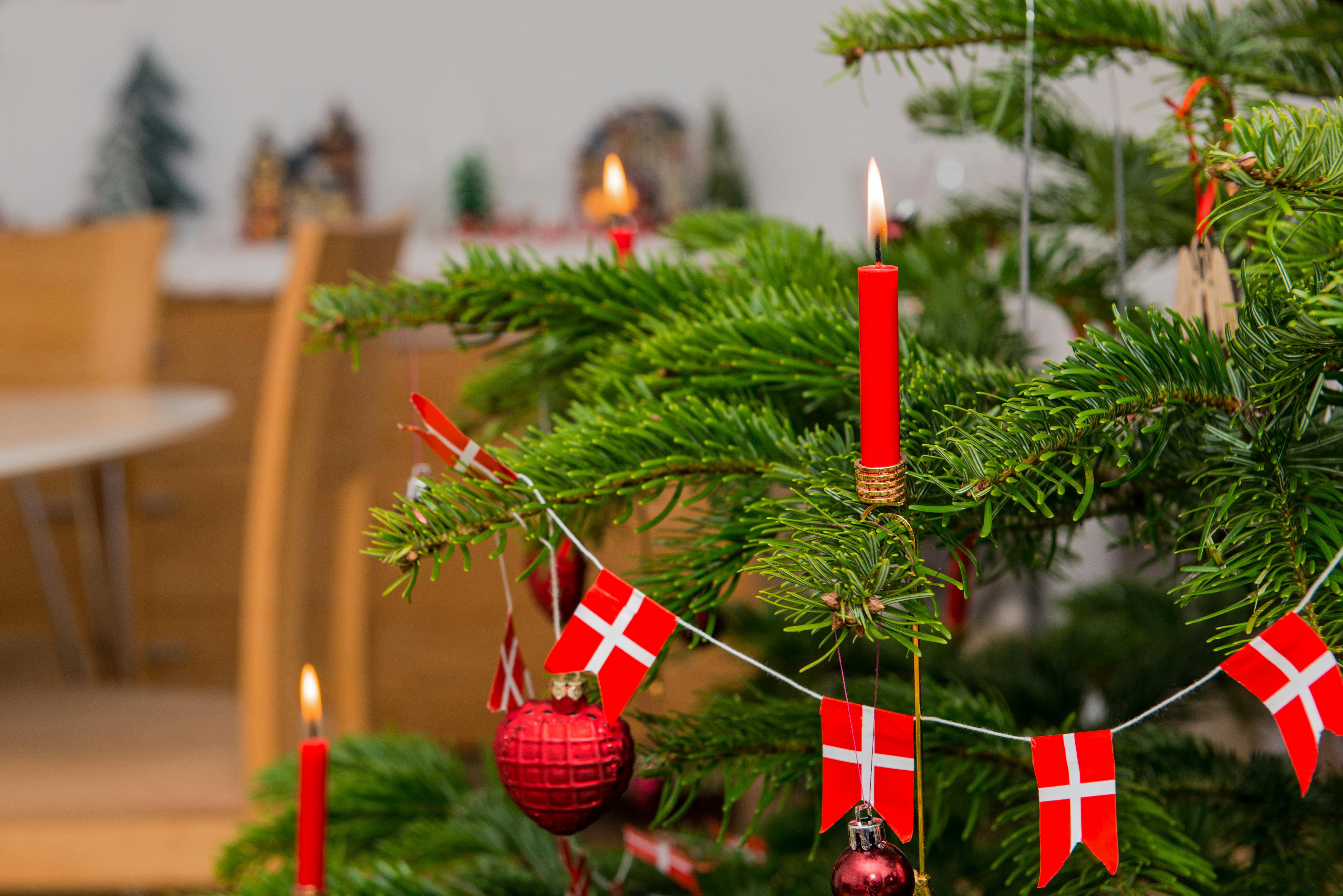 Juletræ med røde lys og danske flag.