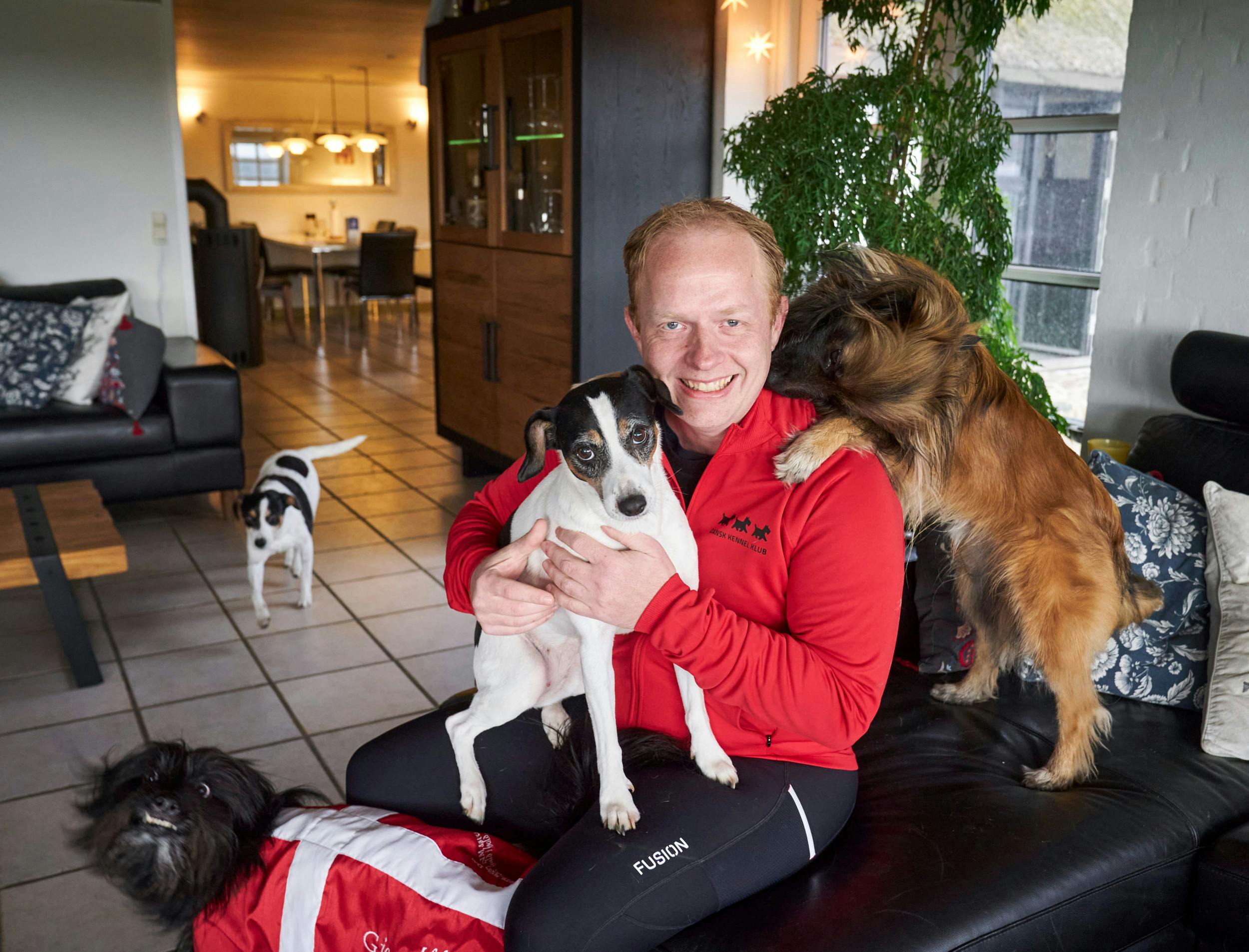 7-årige Luzon topper snart som topatlet, og så tager Styx (bag Jesper) på to år over. Modi (på skødet) løber ikke agility, og Sif er gået på pension.