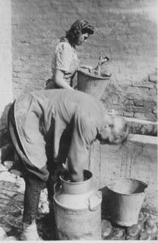 Birgit og hendes far, Poul, vasker mælkejunger.

