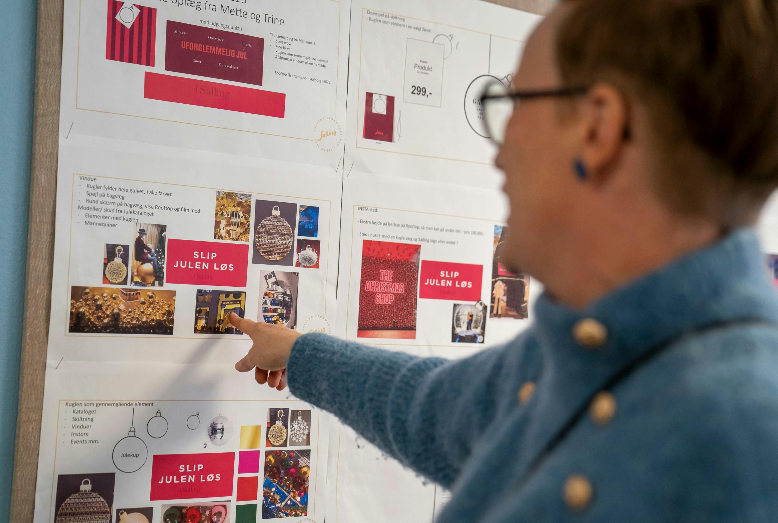 Tanker, idéer og input fra årets løb bliver nedfældet på skitser i februar, og i samarbejde med chefdekoratøren i Salling i Aalborg, finder Trine frem til, hvordan juleudsmykningen skal se ud i november.