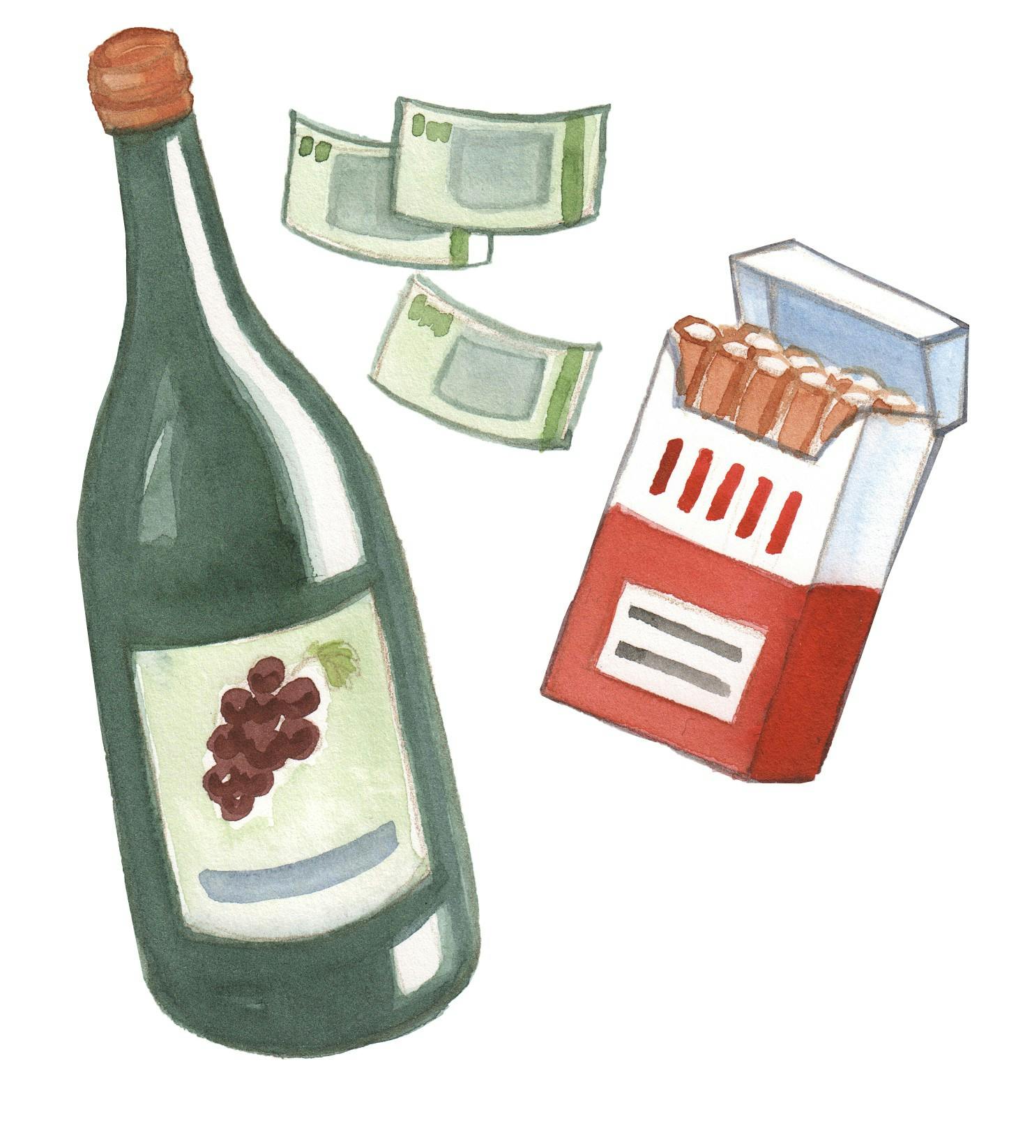 En flaske vin, smøger og pengesedler