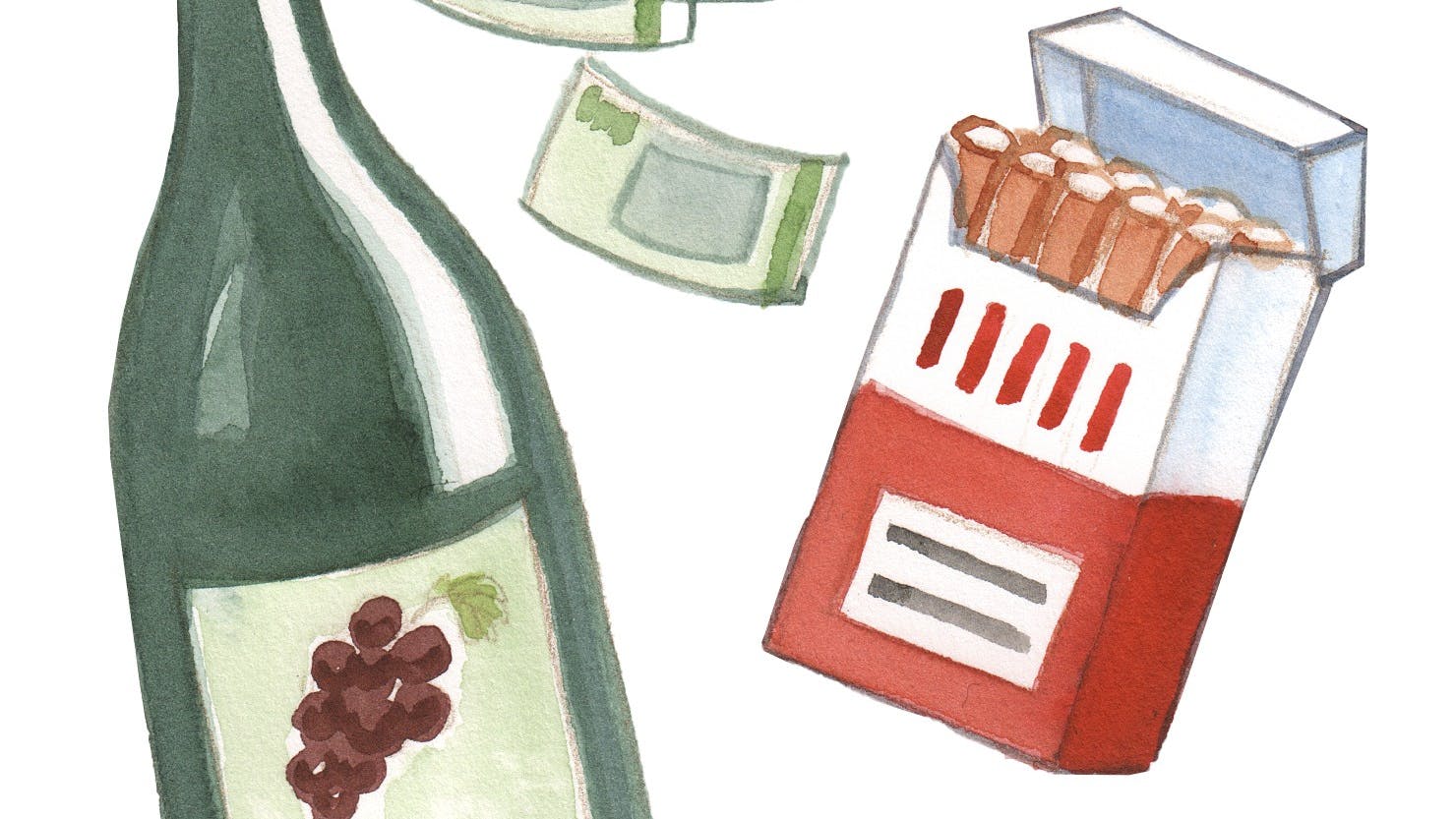 En flaske vin, smøger og pengesedler