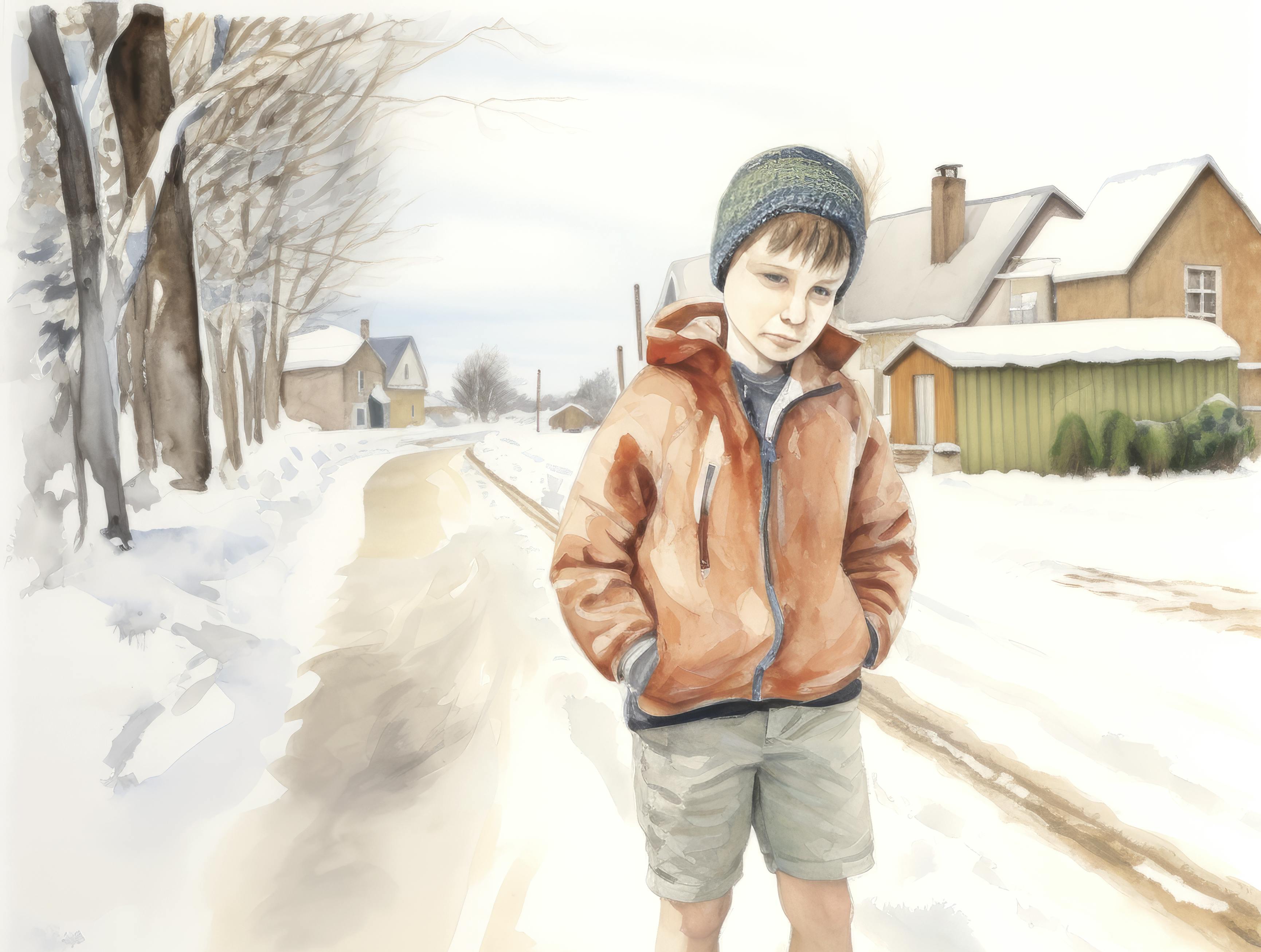 Dreng med korte bukser om vinteren