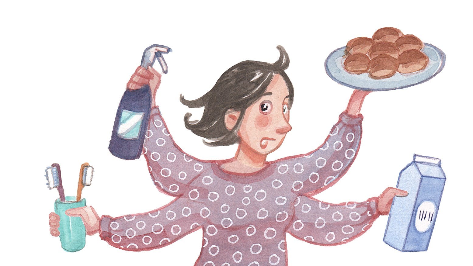 Kvinde, der jonglerer med ting i hverdagen