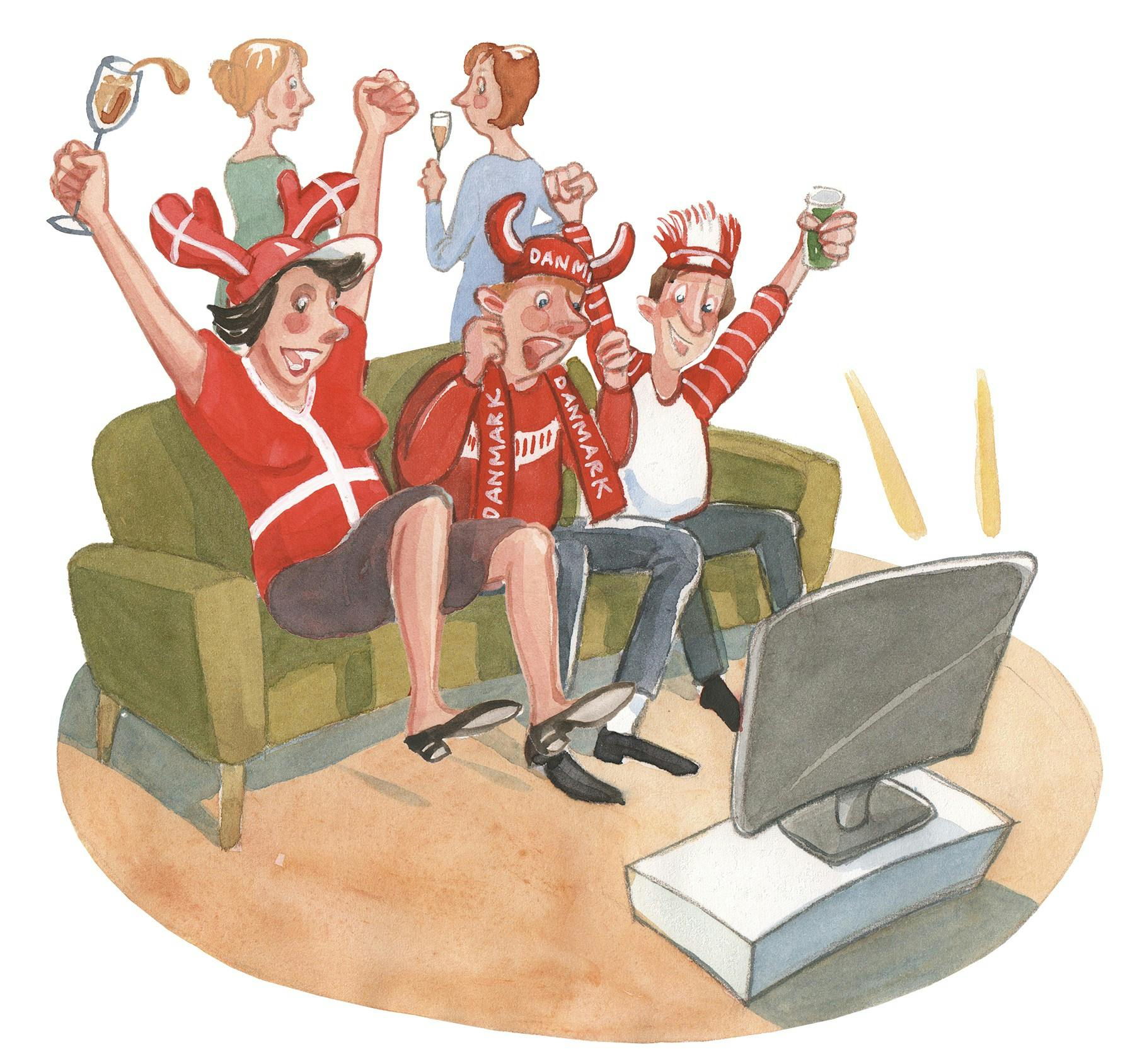 Familie ser håndboldkamp i fjernsynet