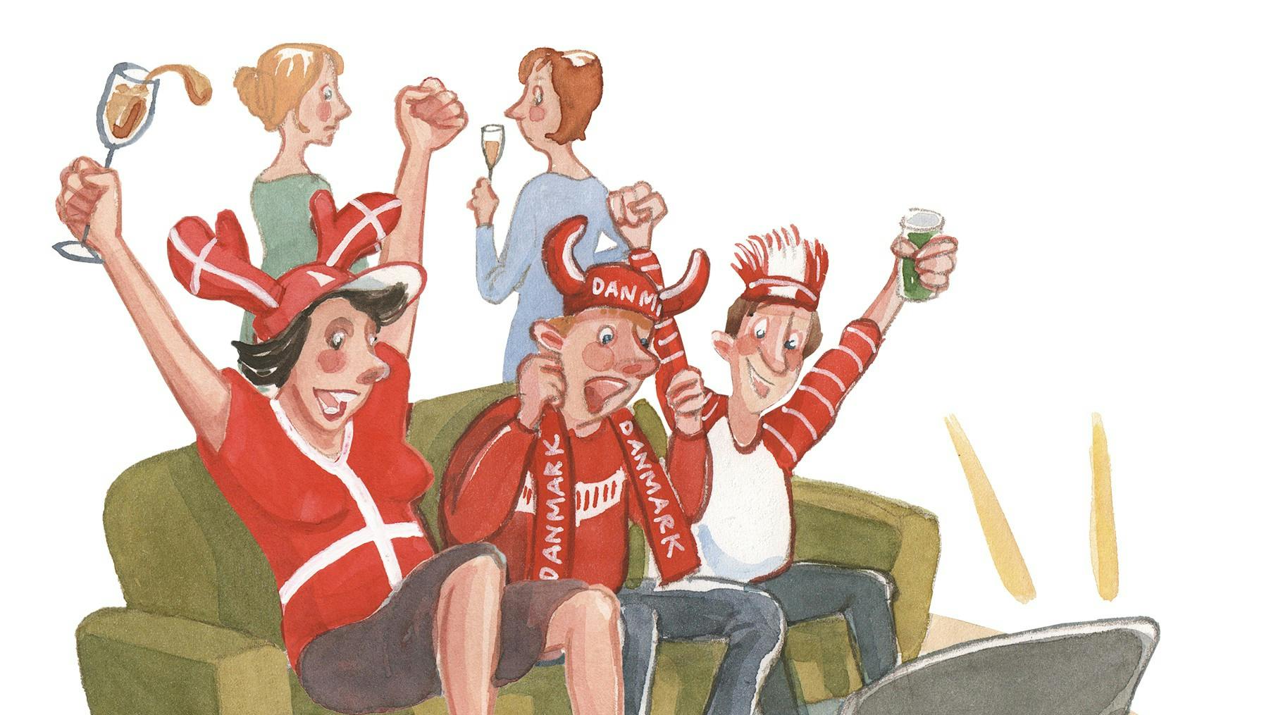 Familie ser håndboldkamp i fjernsynet