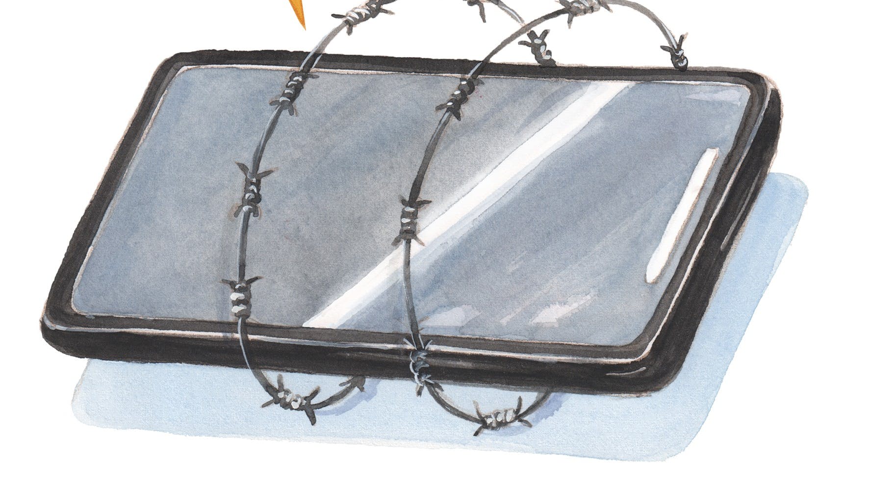 En mobiltelefon, der er omringet af tråd