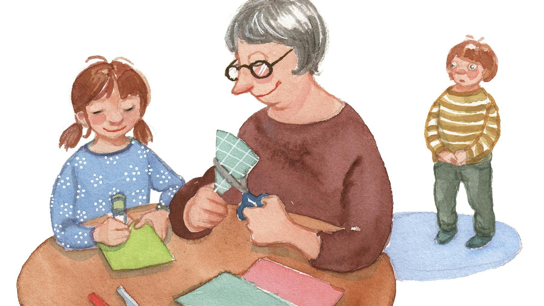 En bedsteforælder leger med datteren, mens sønnen står for sig selv