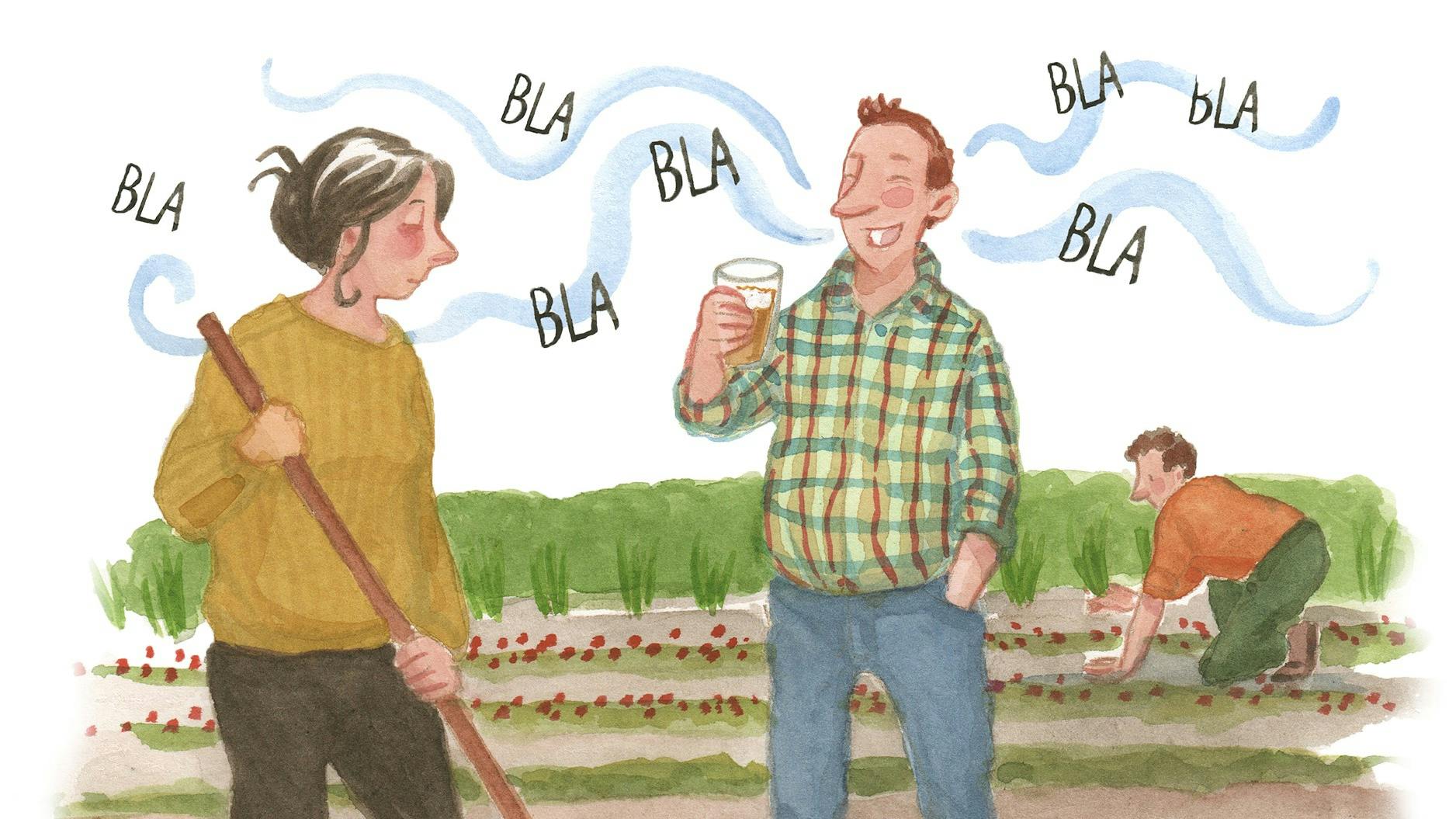 Et par der står og laver havearbejde, hvor en af deres venner står og taler konstant.