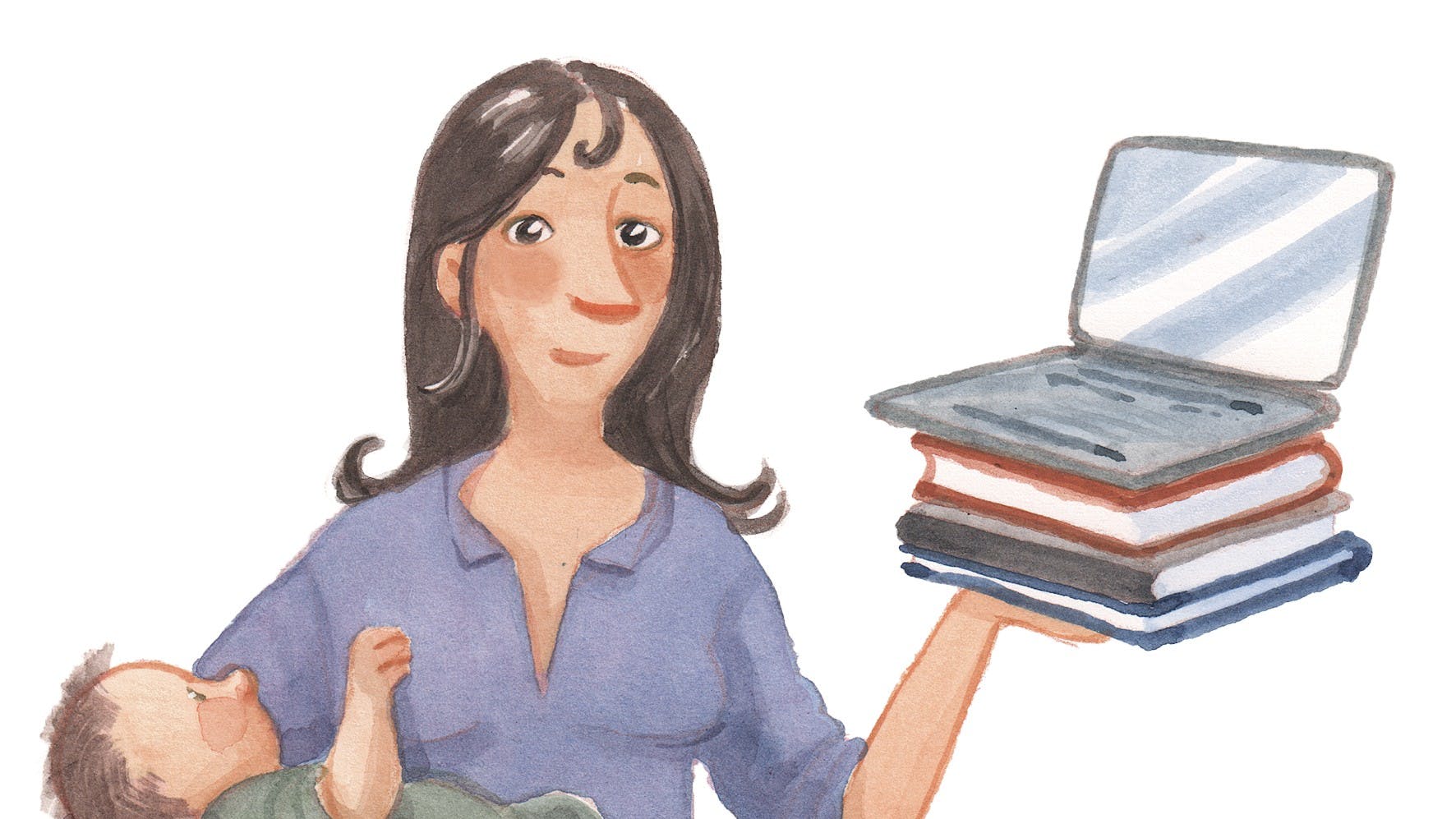 En kvinde der både står med en computer og en baby under armen.