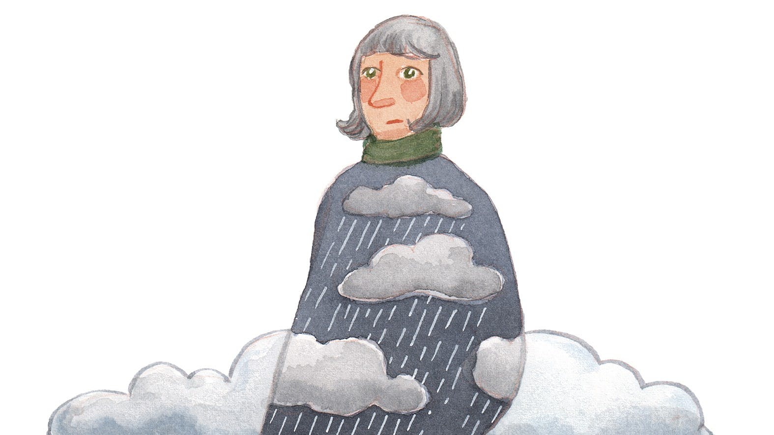 En kvinde der går mellem skyerne.