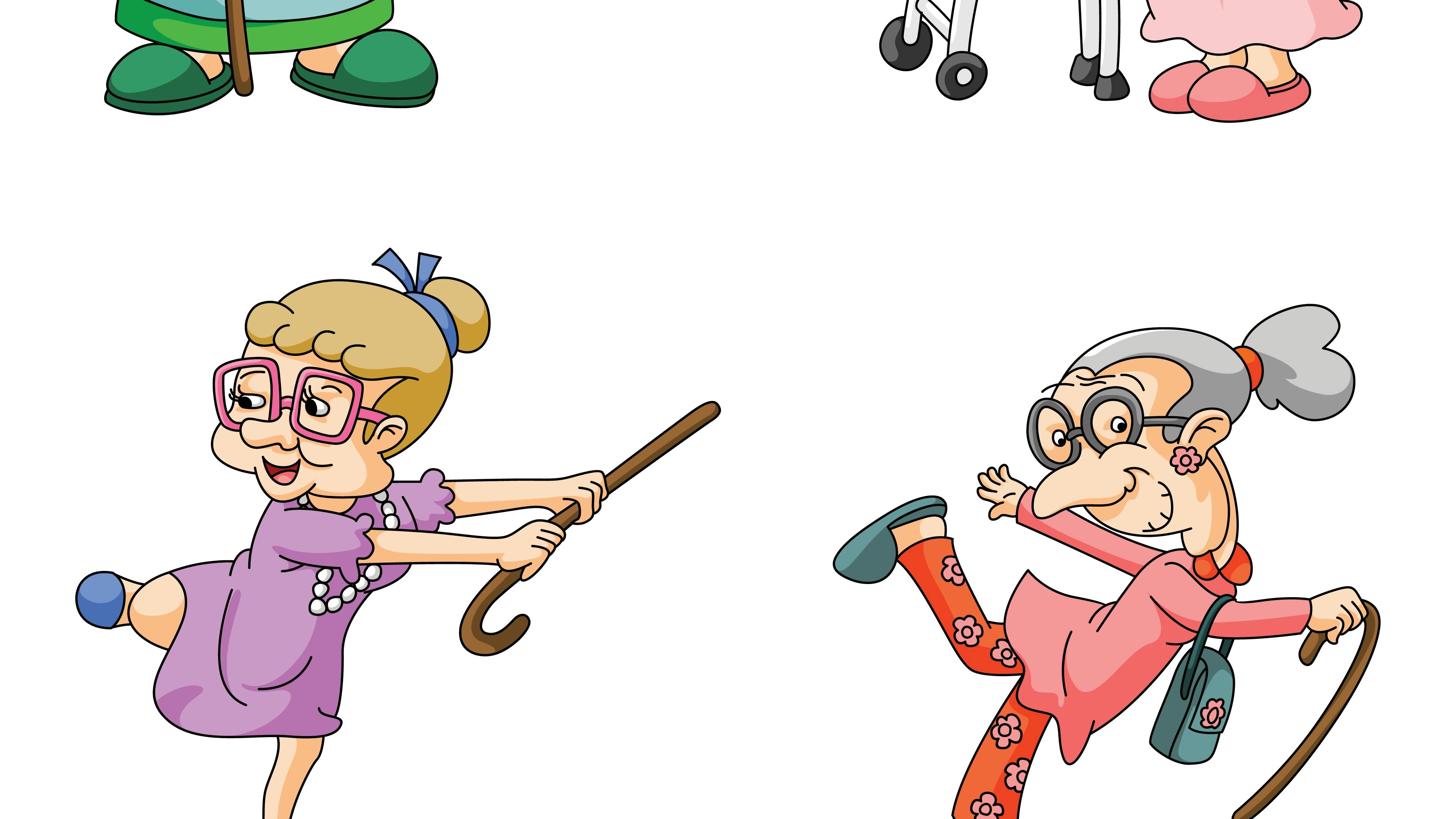 Fire ældre kvinder med stok, men som er fyldt med energi.