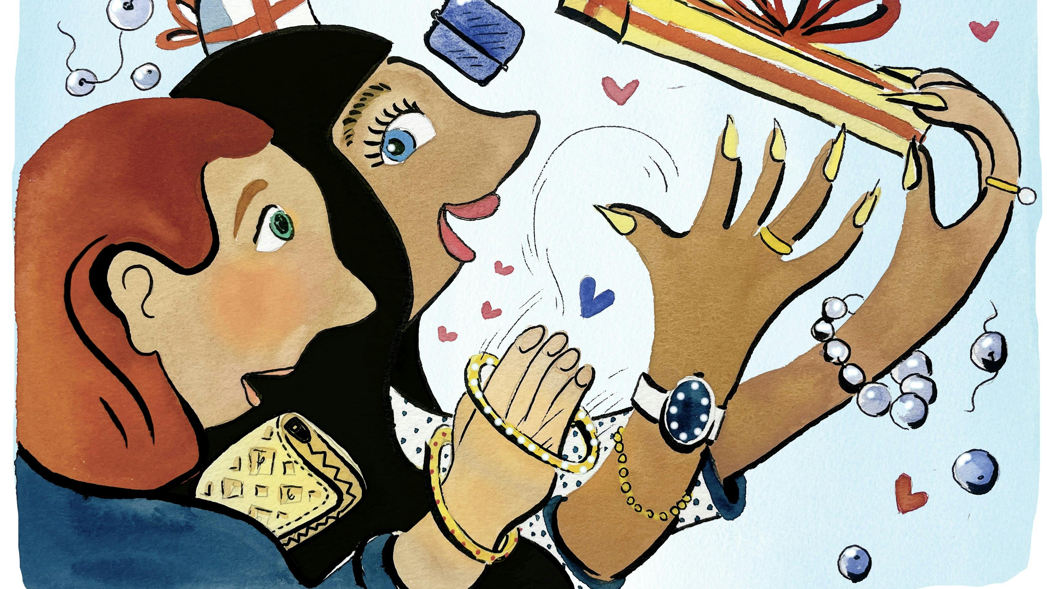 Illustration af to kvinder med en masse gaver
