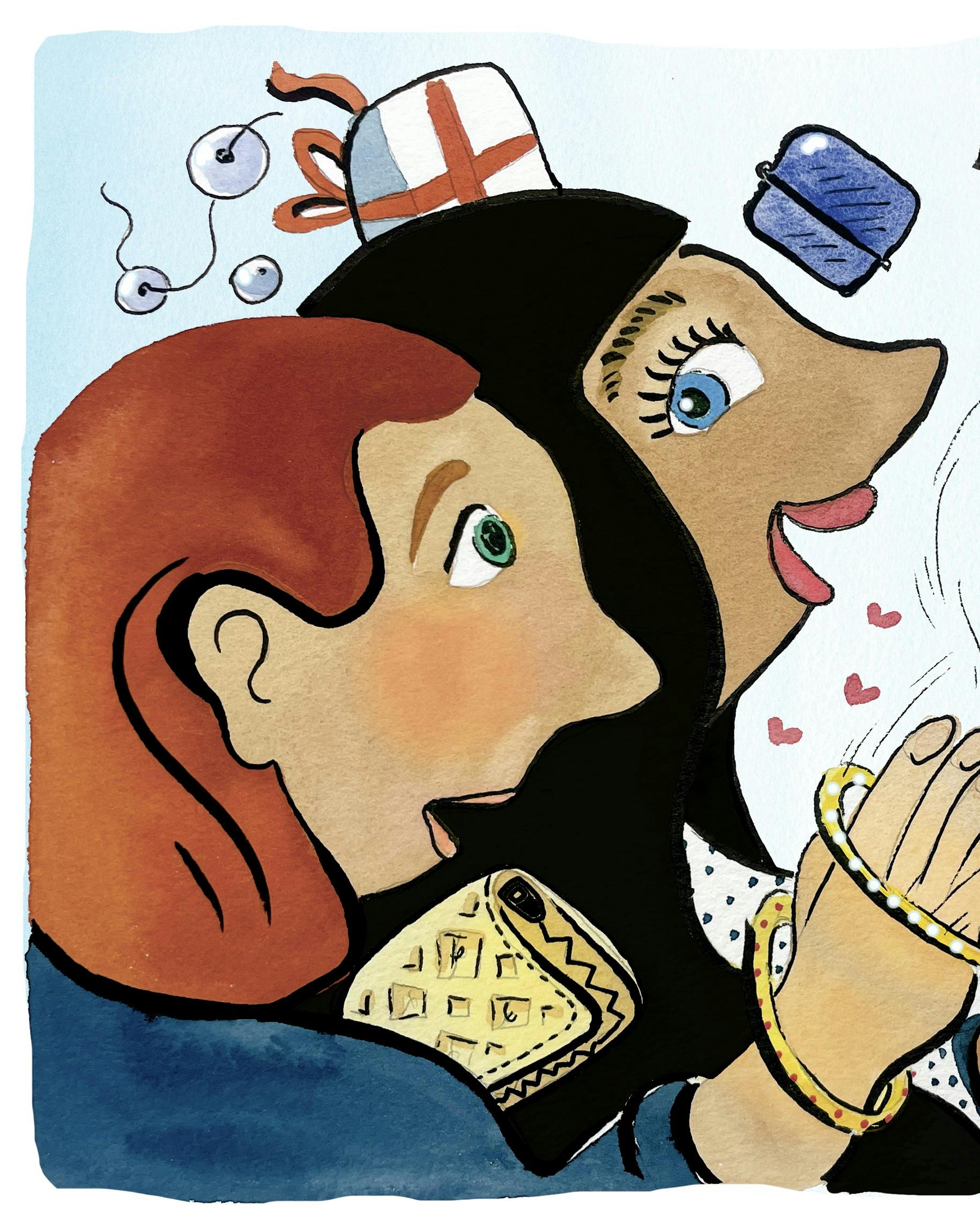 Illustration af to kvinder med en masse gaver