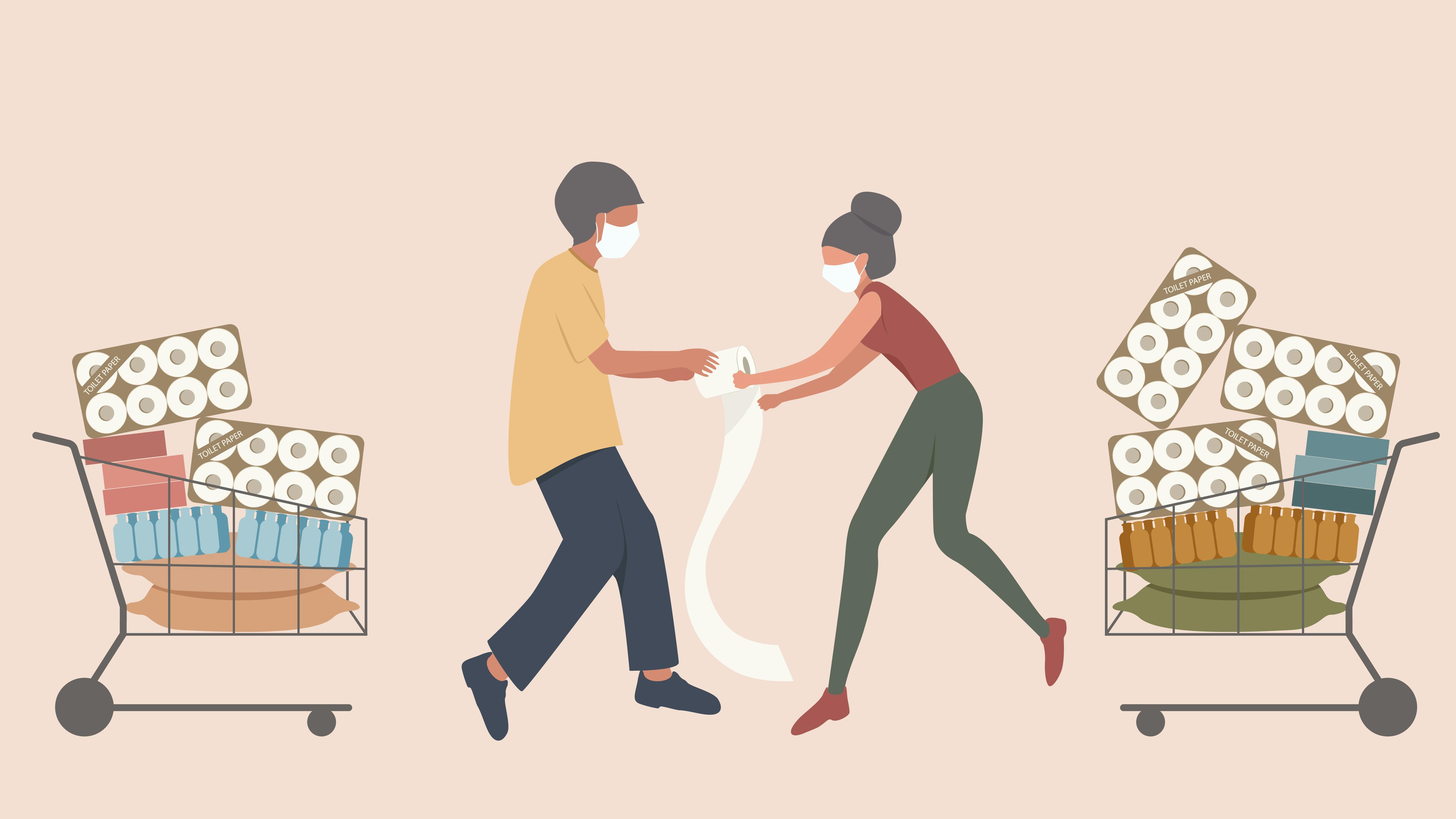 Folk der hamstrer i et supermarked.