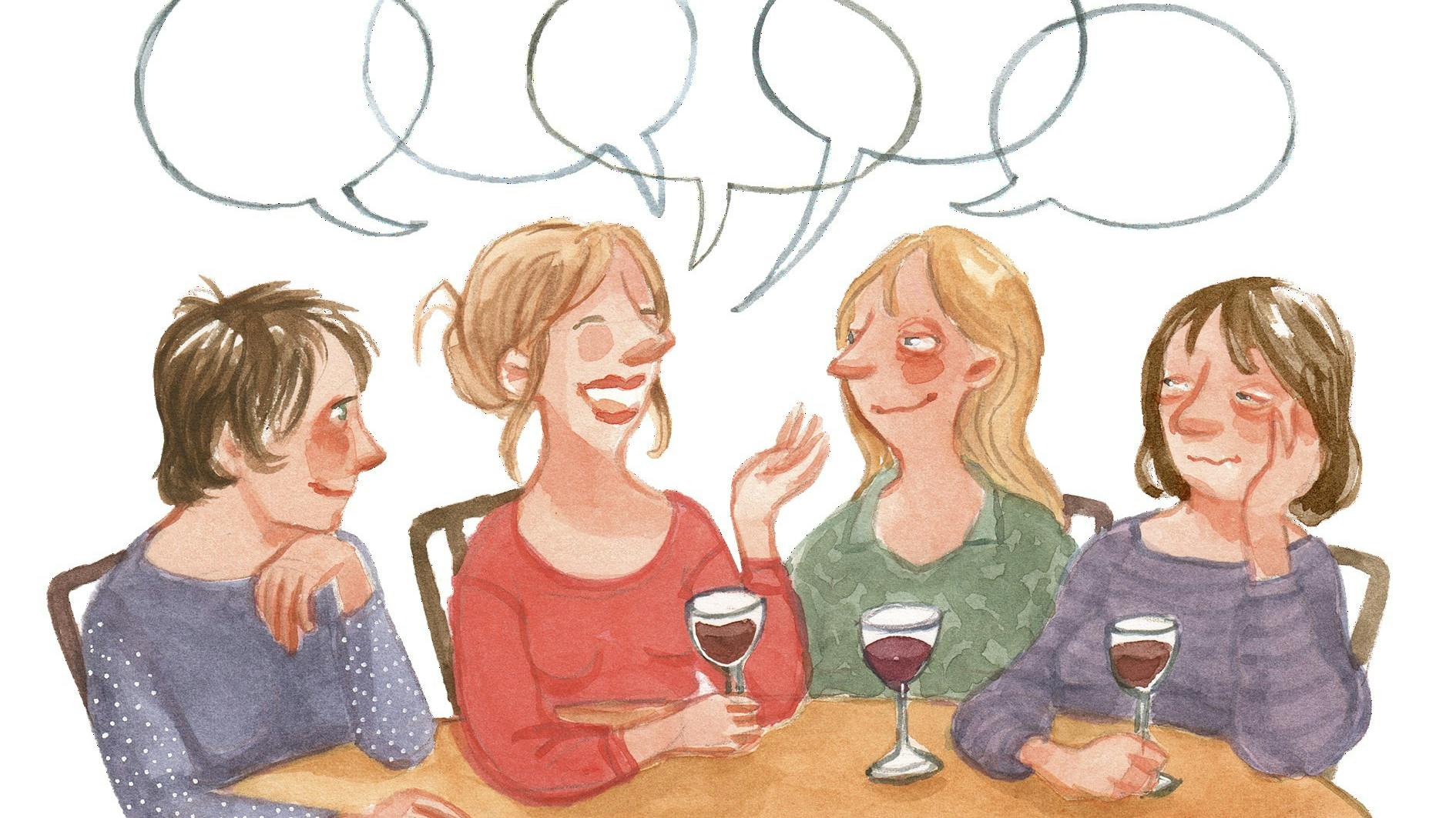 Fire veninder, der sidder og taler rundt om et bord.