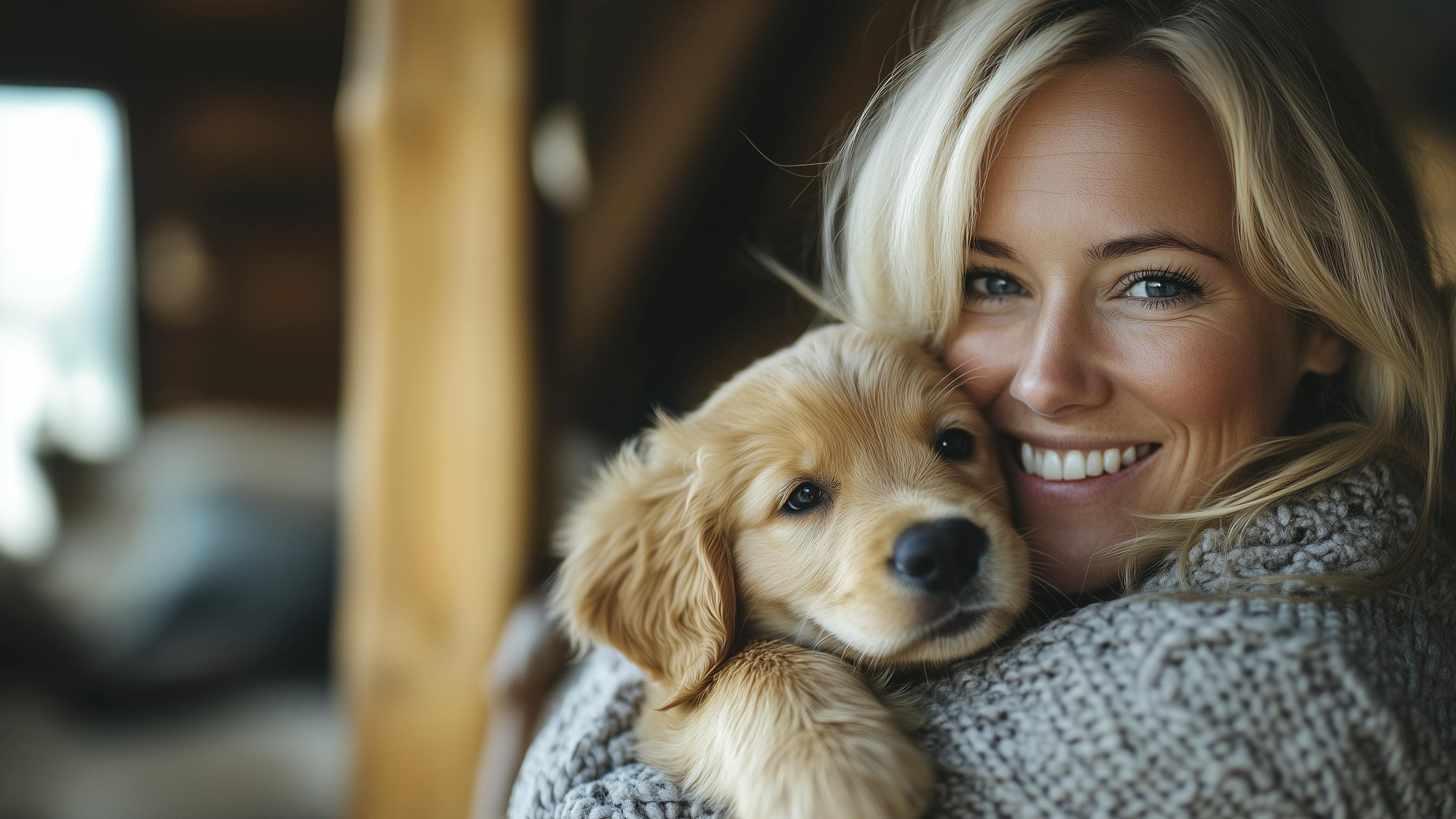 Kvinde, der holder en hundehvalp