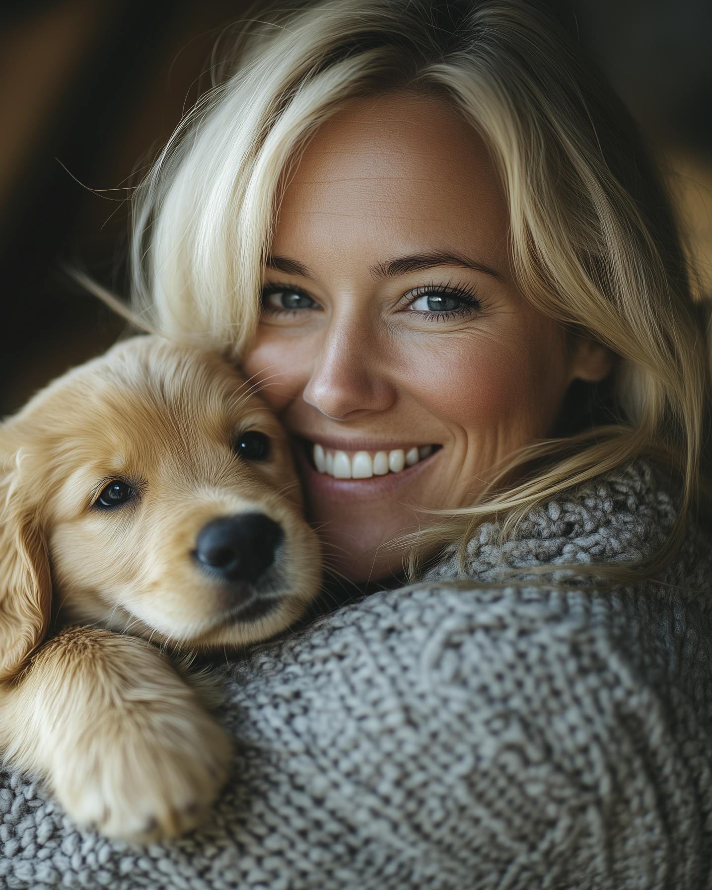 Kvinde, der holder en hundehvalp