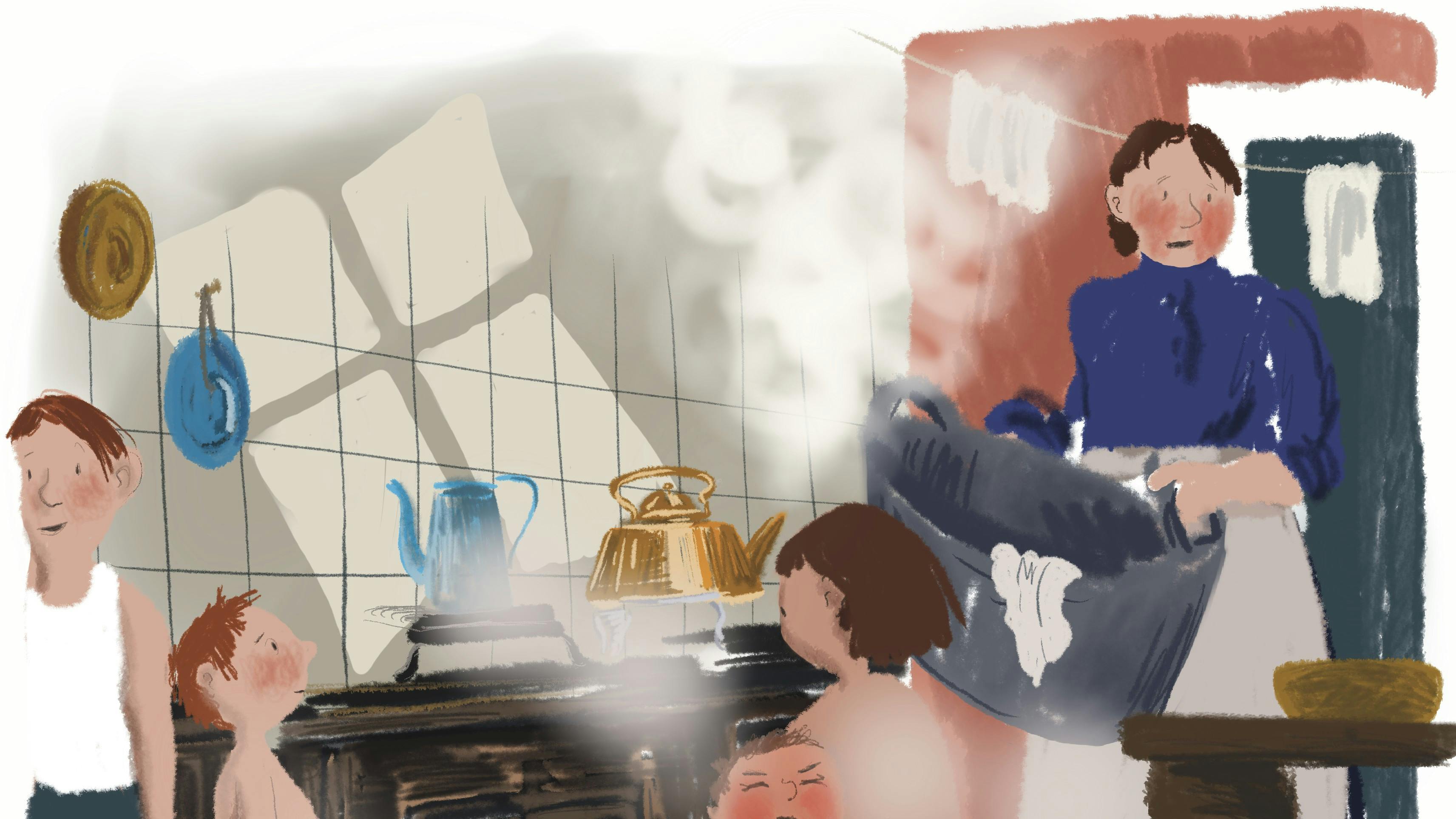 Illustration af familie i køkken