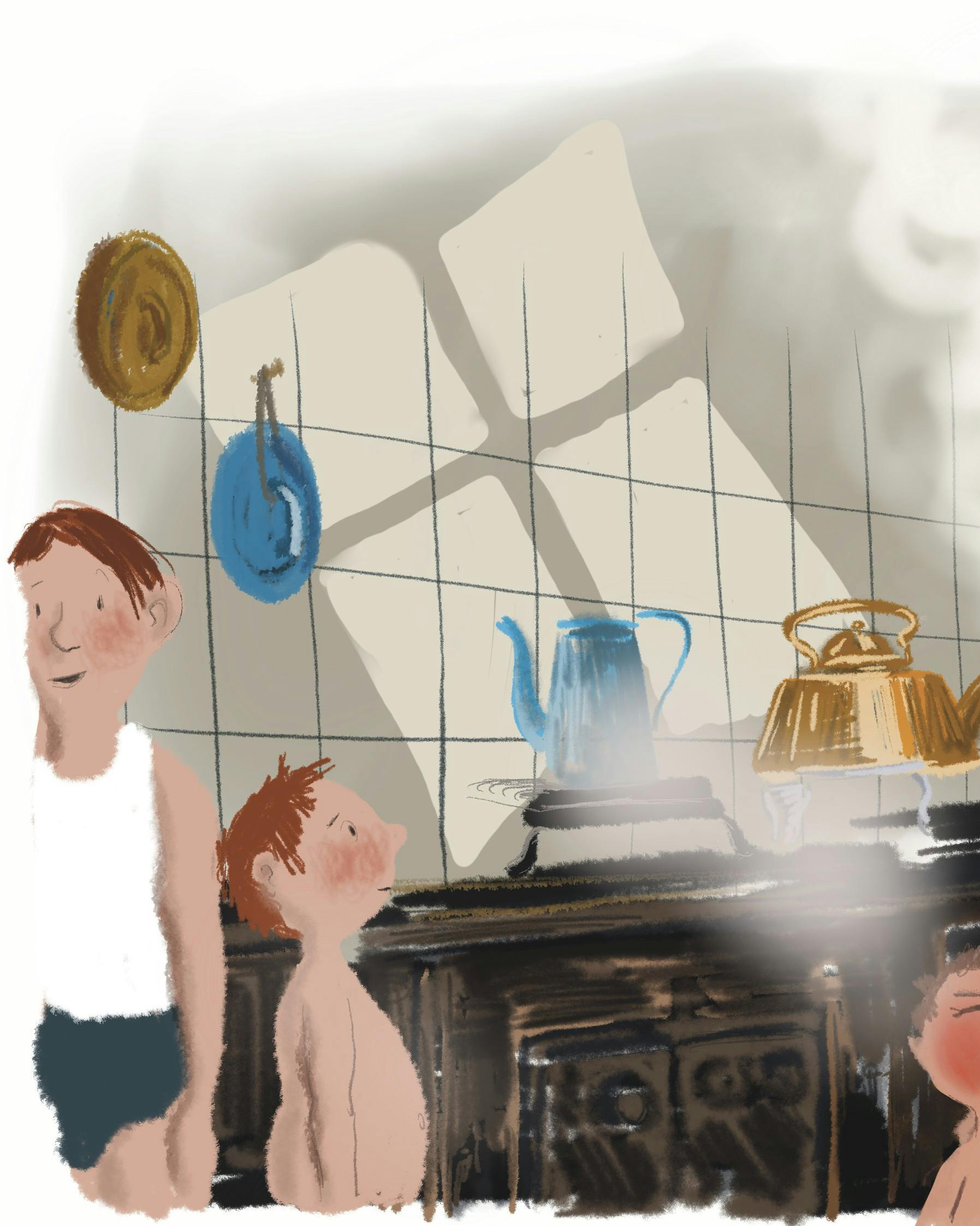 Illustration af familie i køkken