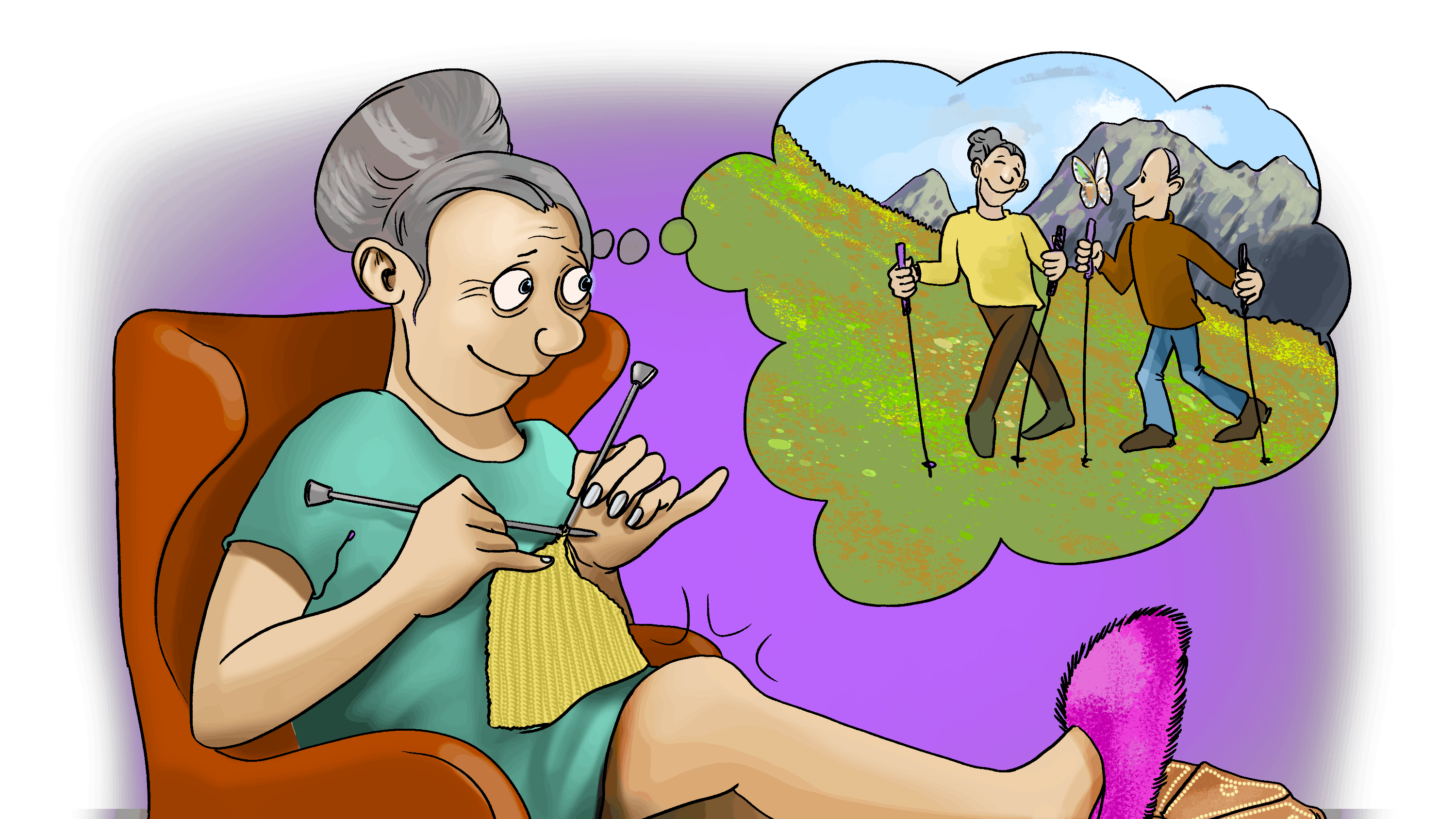 Kvinde sidder med benene oppe og strikker, mens hun tænker