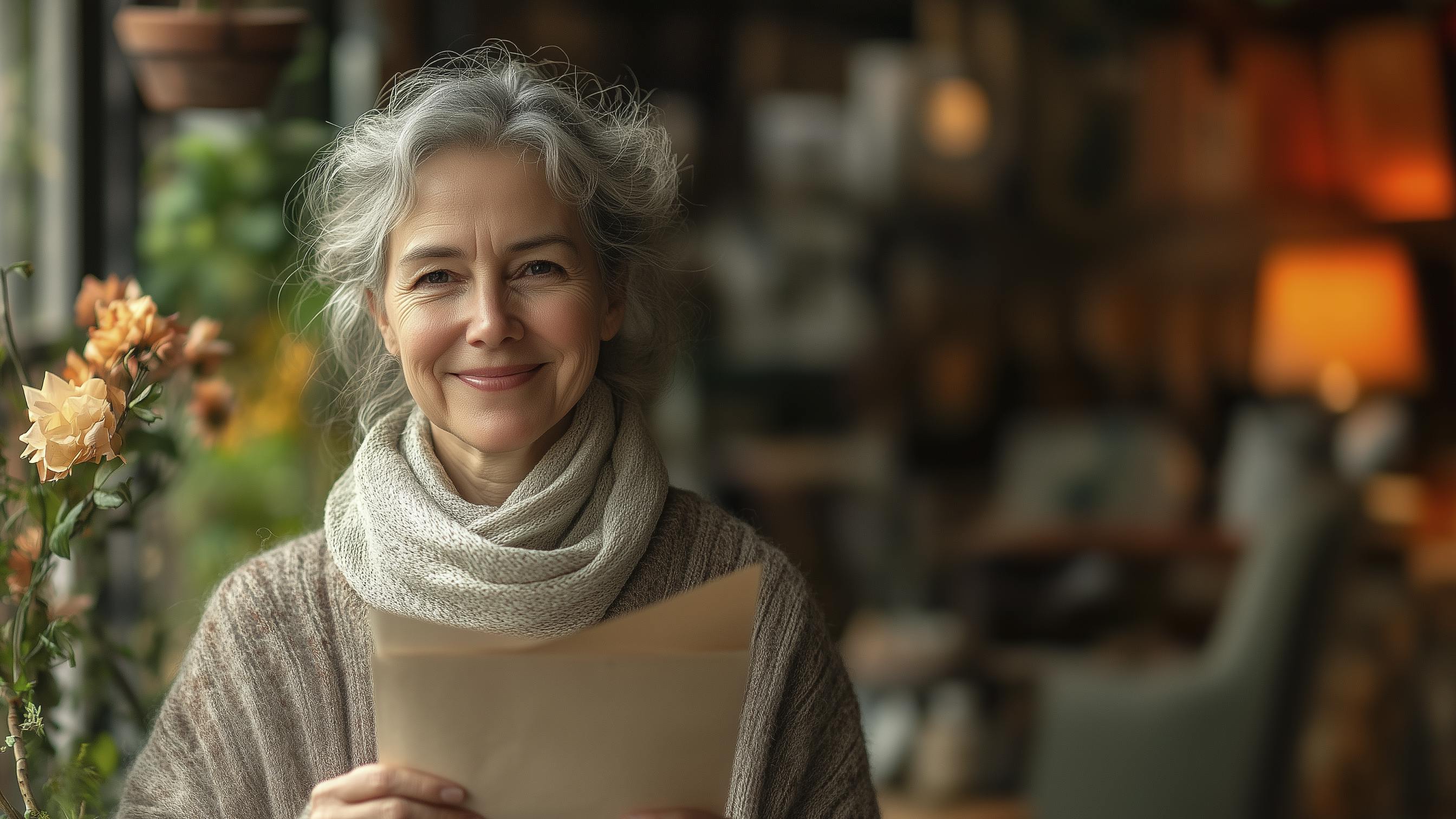 Ældre kvinde holder julekort