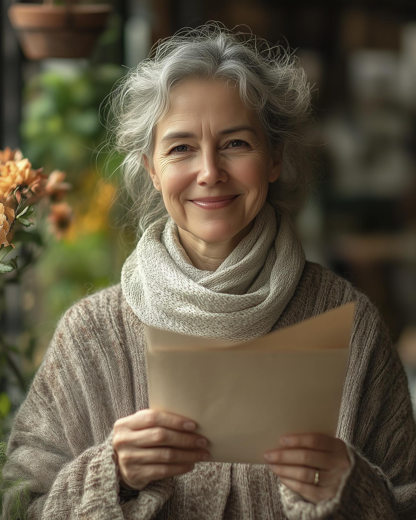 Ældre kvinde holder julekort