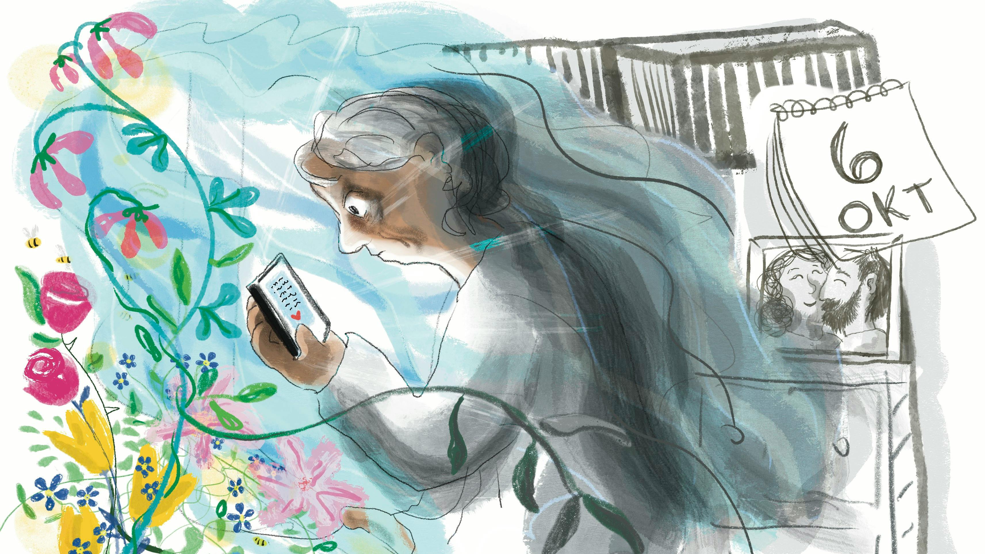 Illustratuon af kvinde, der kigger på sin mobil