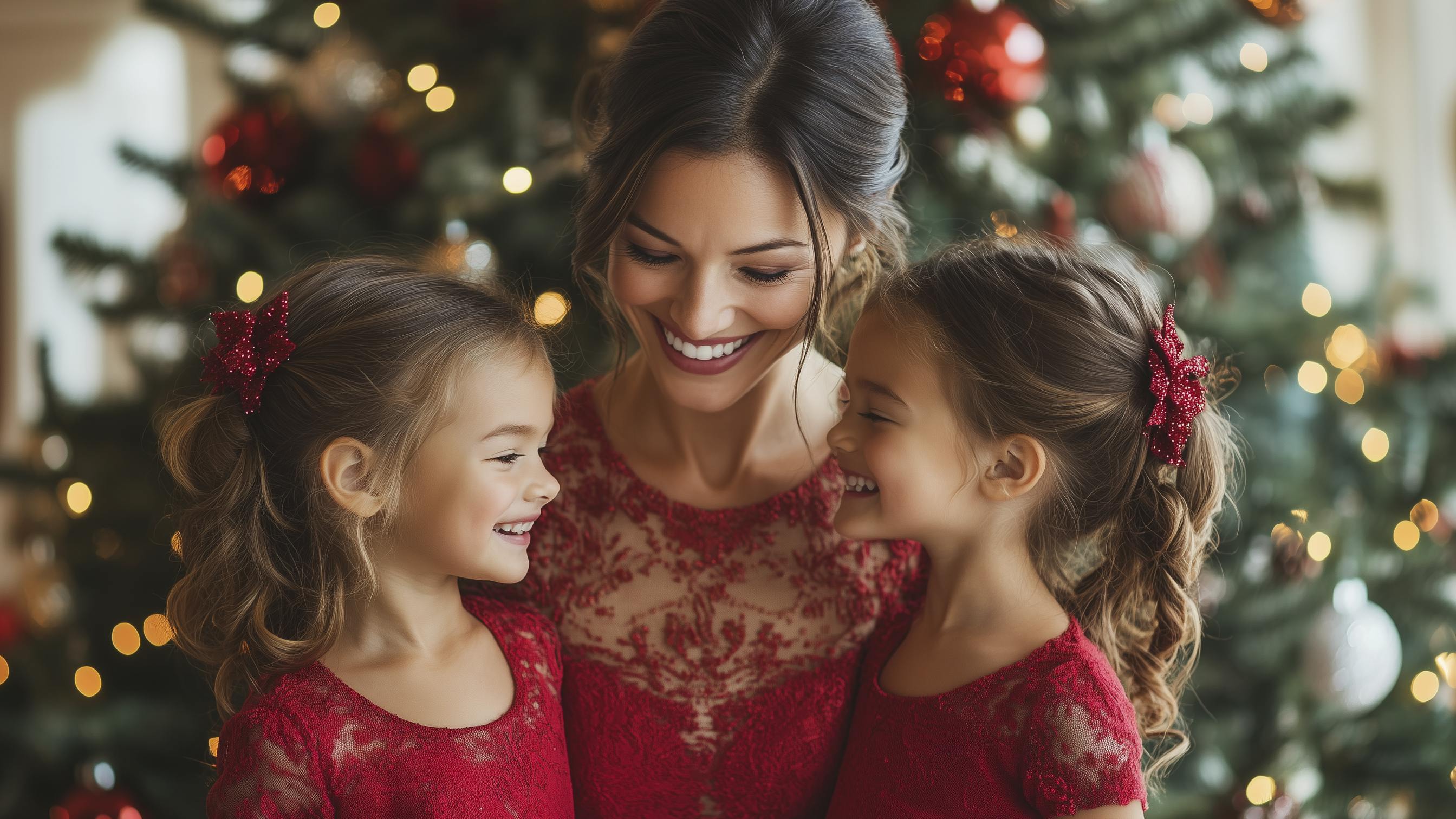 Kvinde med to døtre foran juletræ