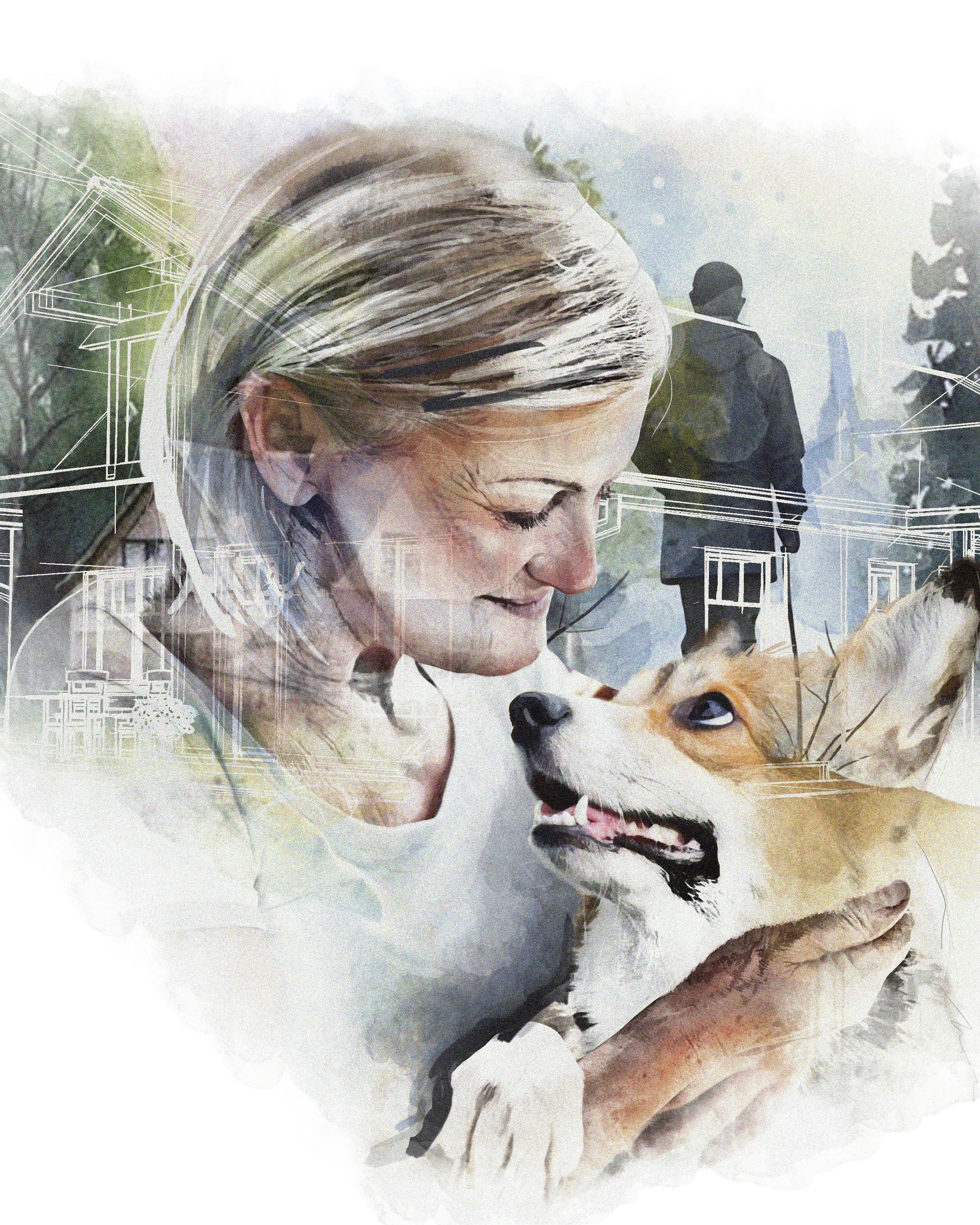 illustration af kvinde med en corgi