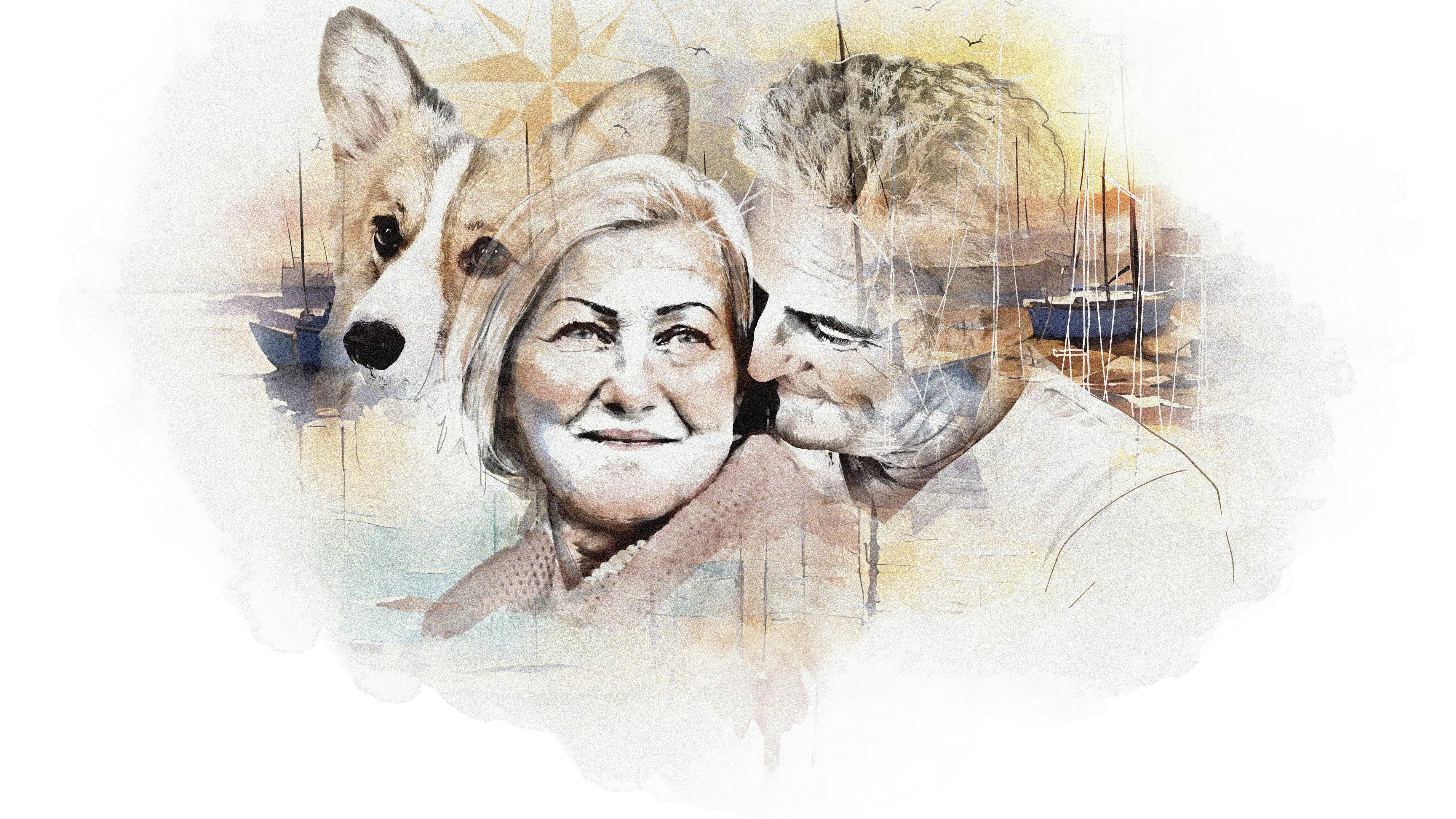 Illustration af kvinde, mand og hund