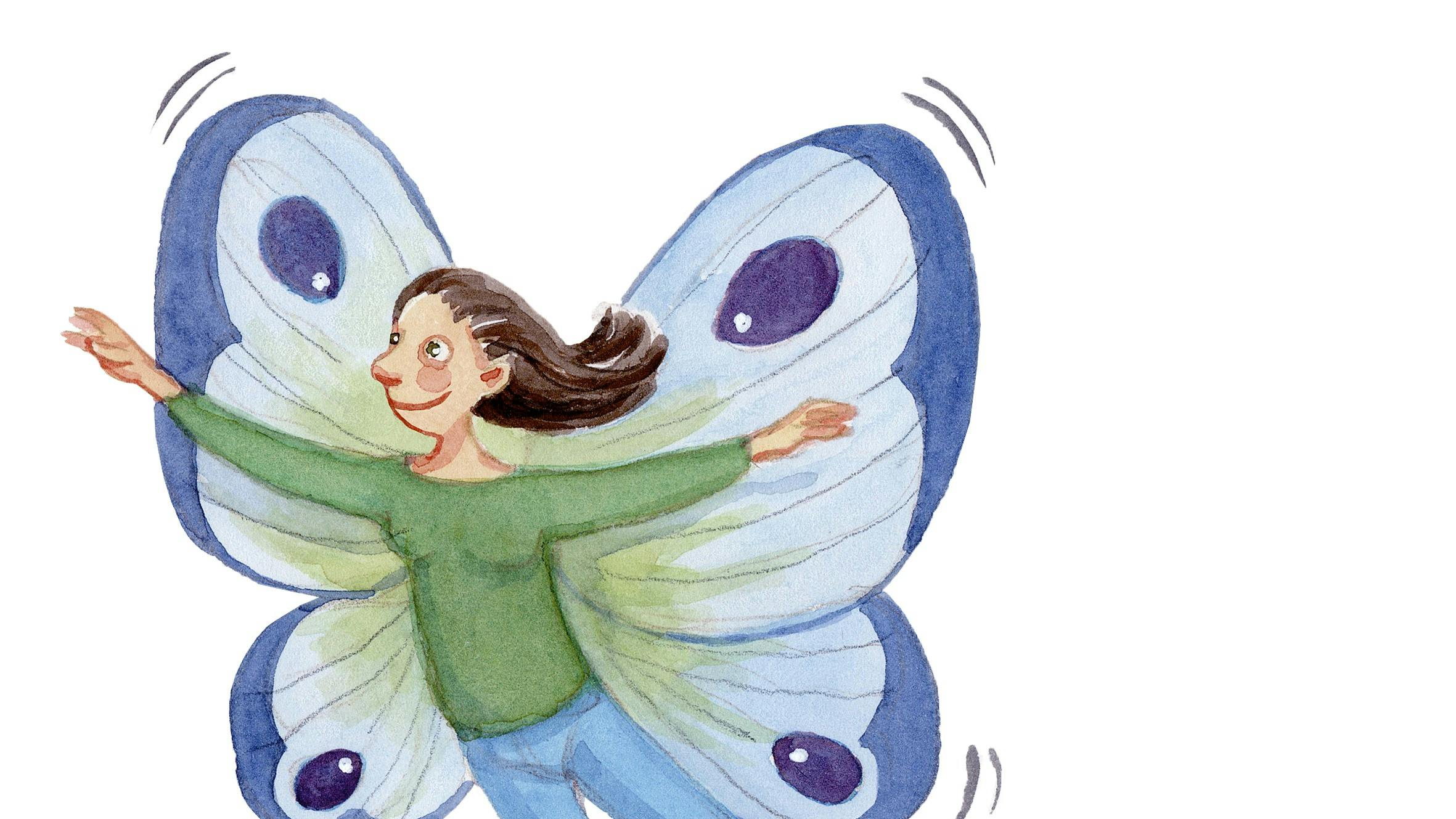 En kvinde, der er en sommerfugl.