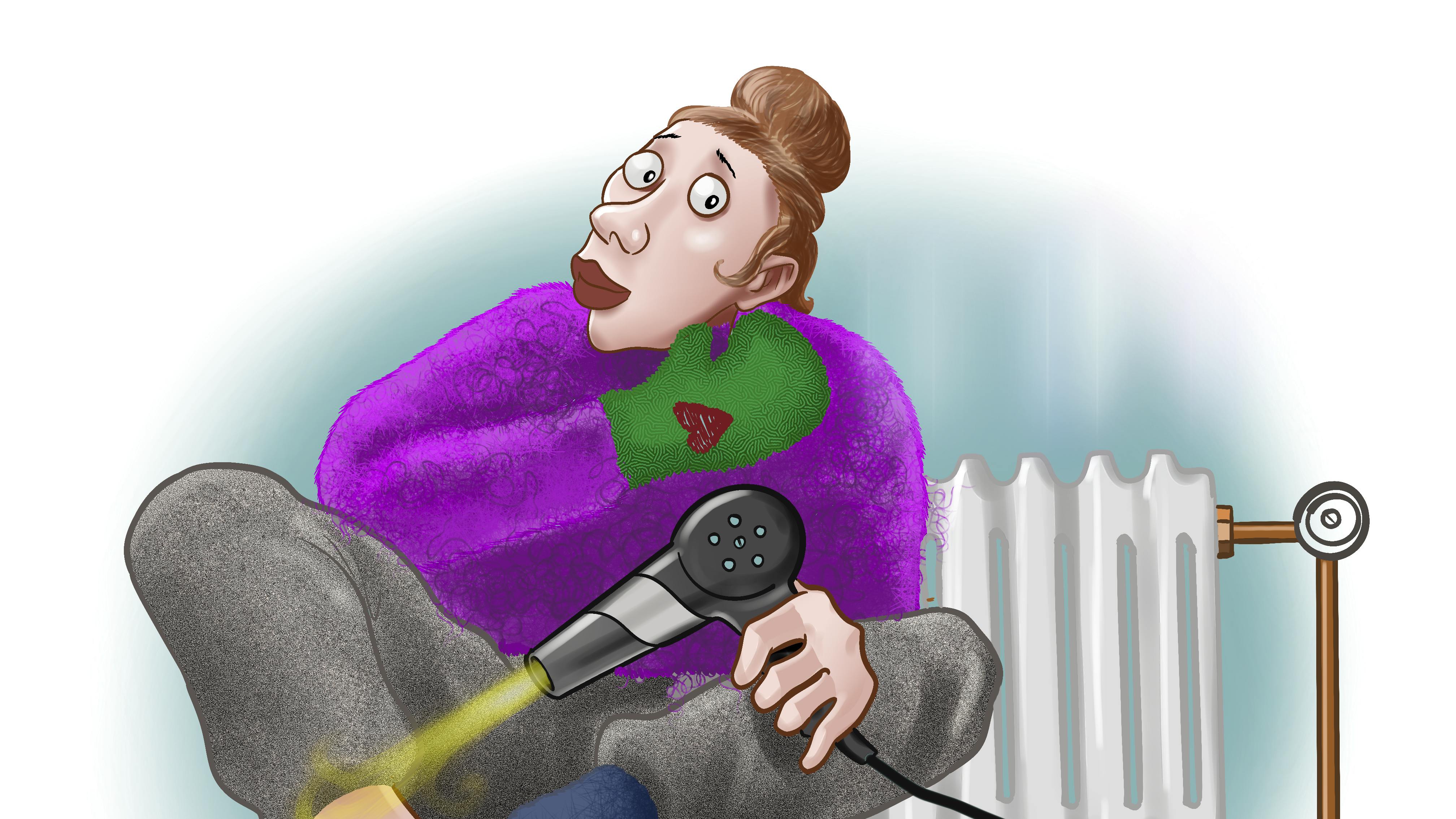 Kvinde fryser og føntørrer sine fødder.