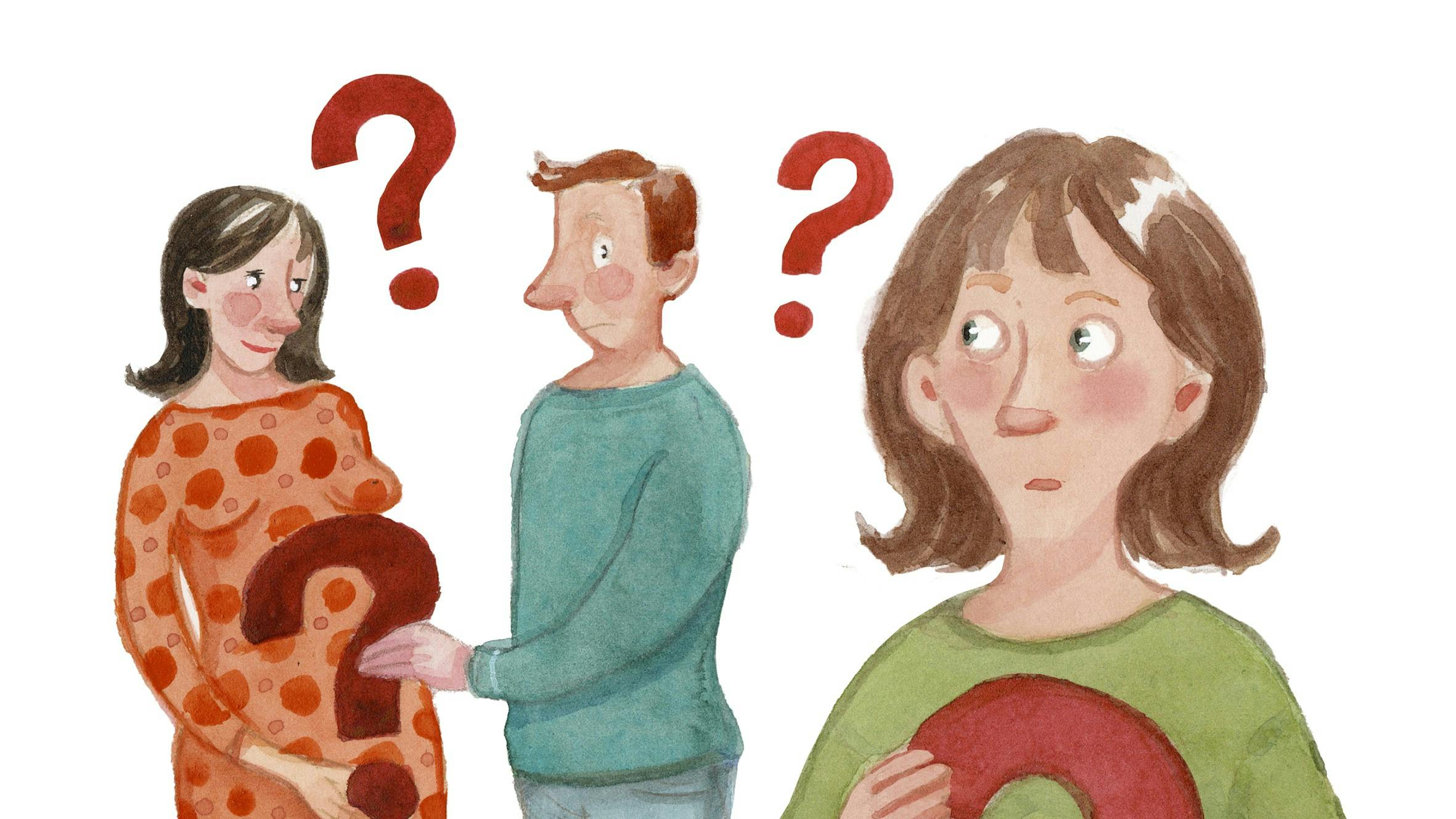 Kvinde der står og kigger på et andet par, hvor kvinden er gravid.