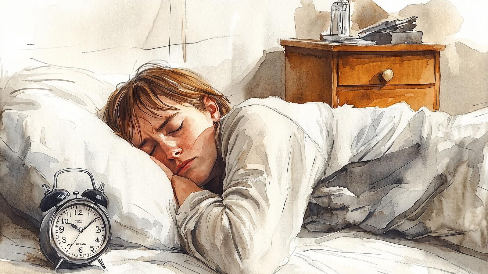 Ung kvinde ligger i sengen og sover med et vækkeur