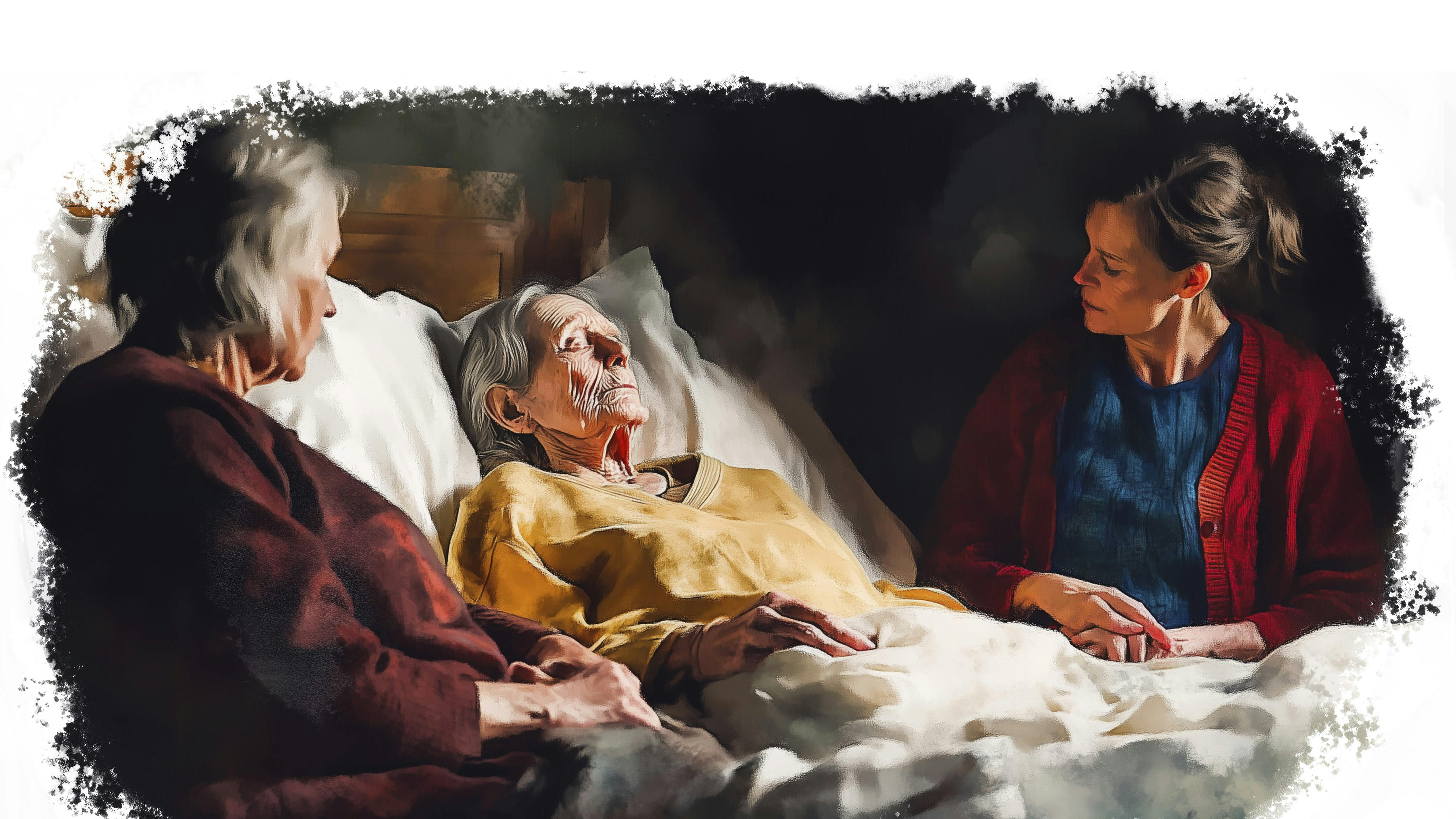 Tegning af kvinde i seng omgivet af to kvinder