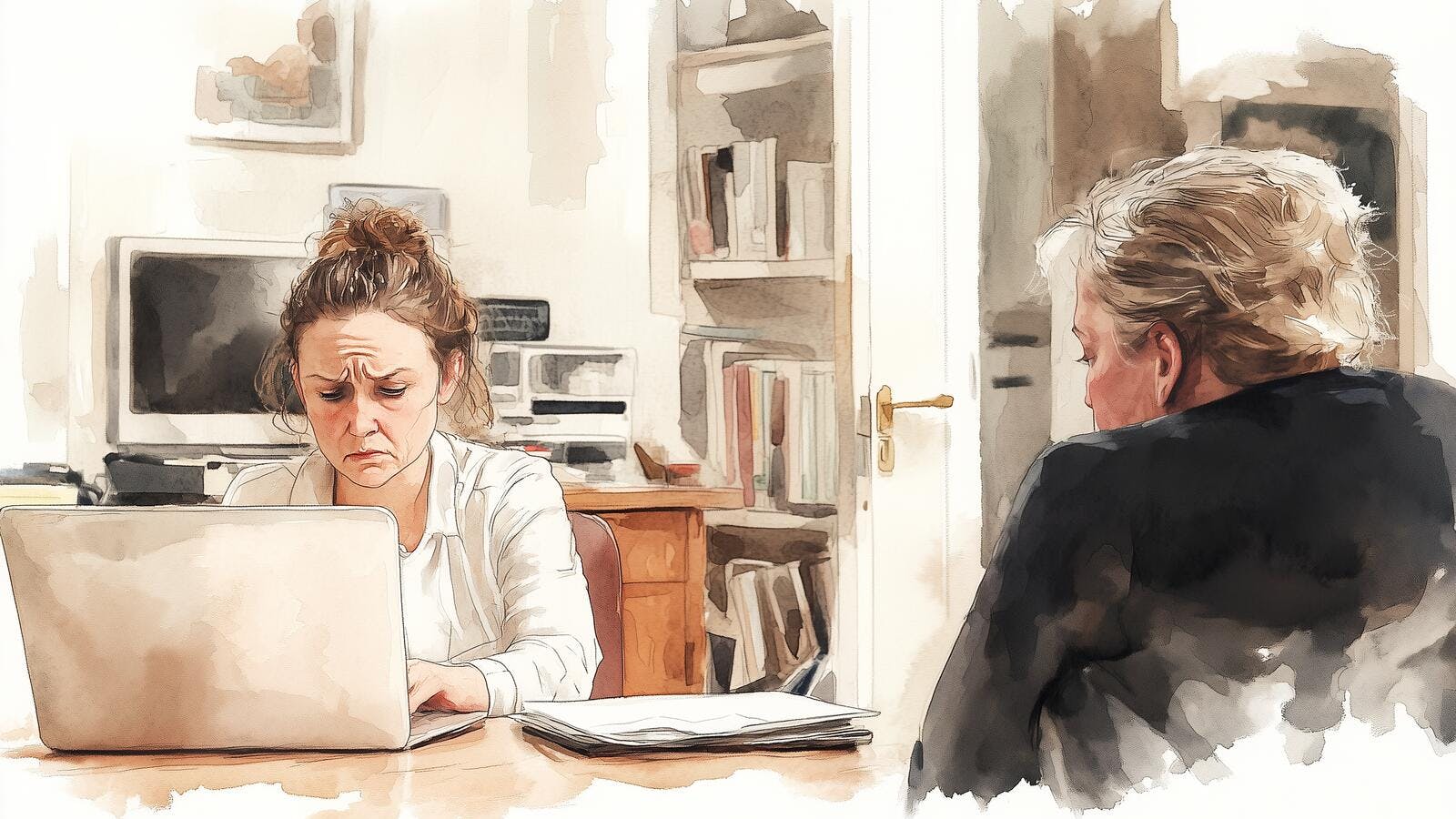 En sur sagsbehandler sidder foran sin pc på et kontor. Overfor sidder en kvindelig borger.