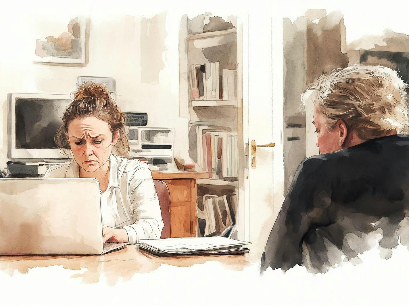 En sur sagsbehandler sidder foran sin pc på et kontor. Overfor sidder en kvindelig borger.