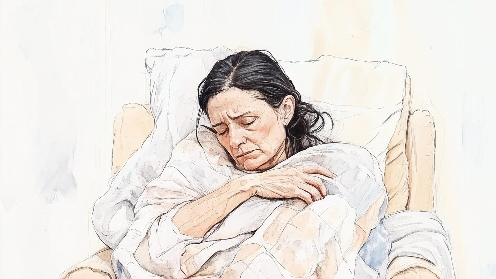 En kvinde sidder i en lænestol med en dyne, fordi hun fryser.